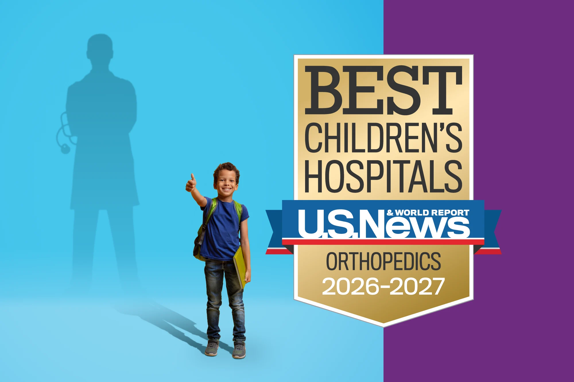 Little boy with doctor silhouetted on blue background