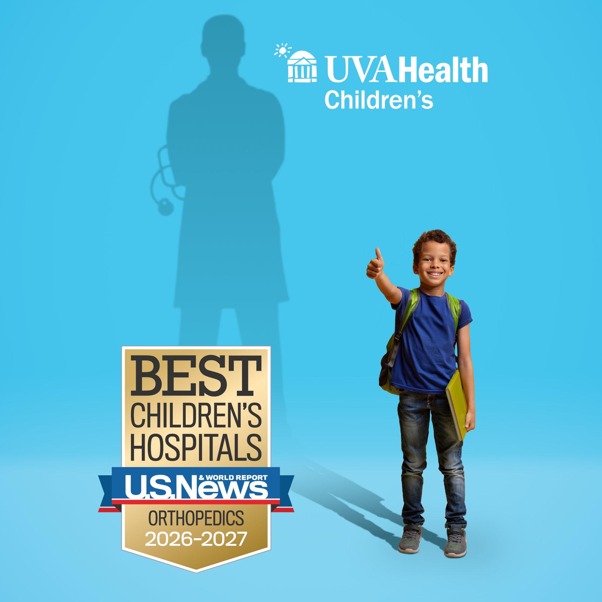 Young boy stands with thumbs up with a doctor silhouetted behind him