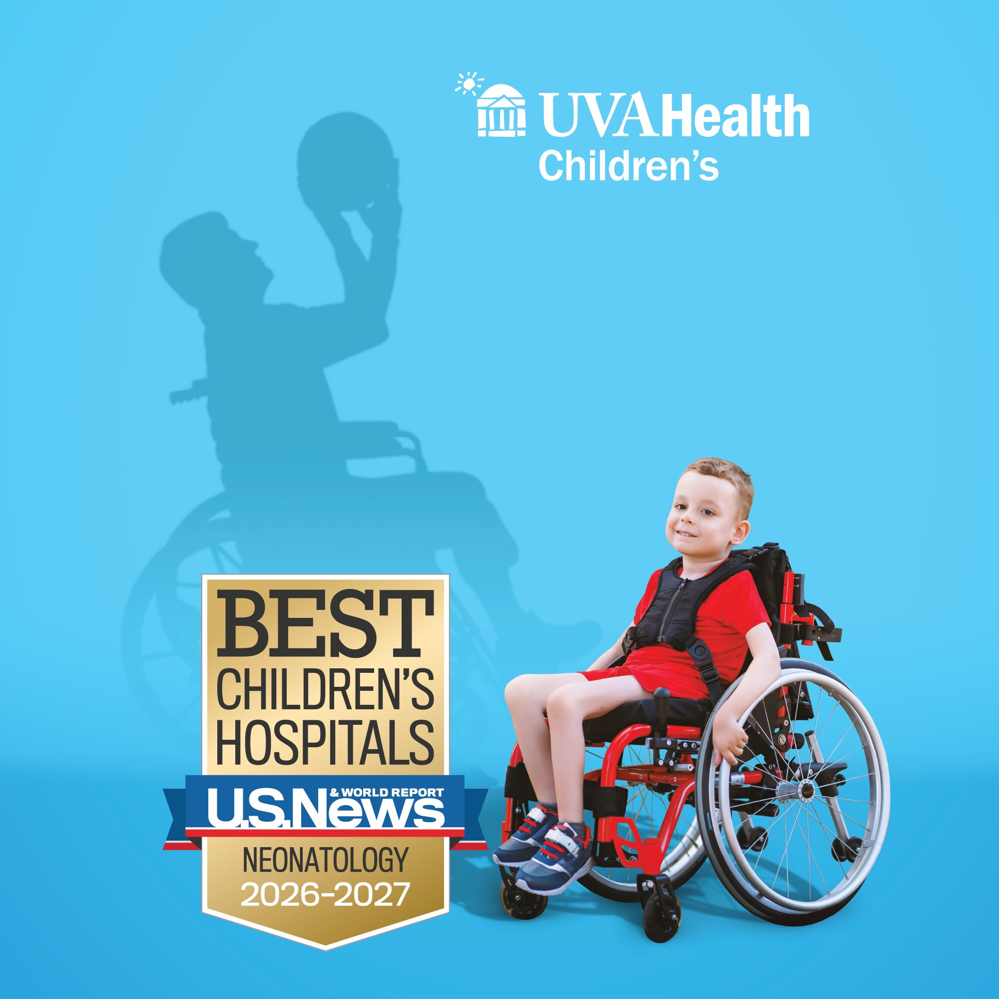 Little boy in wheelchair in front of silhouette of man playing basketball in wheelchair