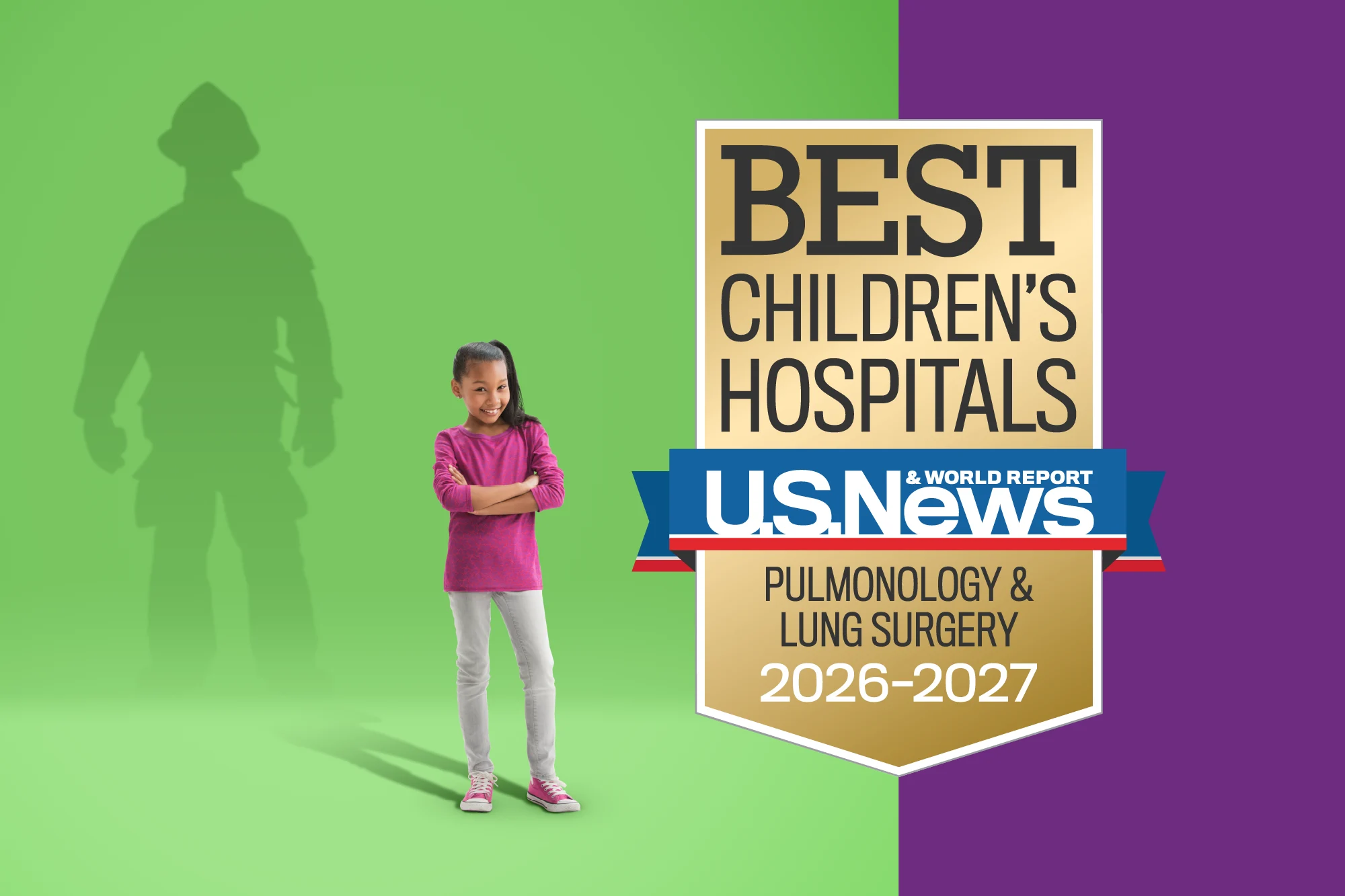 Little girl with firefighter silhouetted on green background