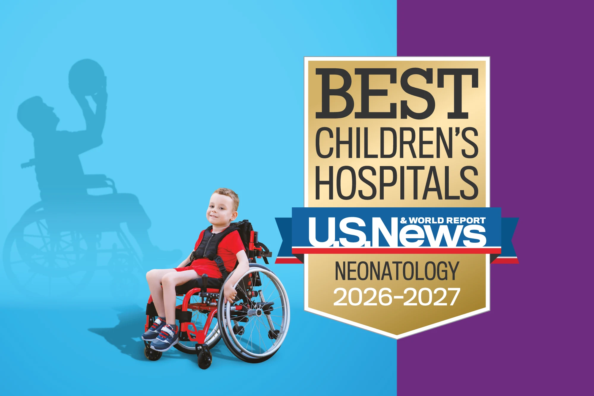 Little boy in wheelchair with man playing wheelchair basketball silhouetted on blue background