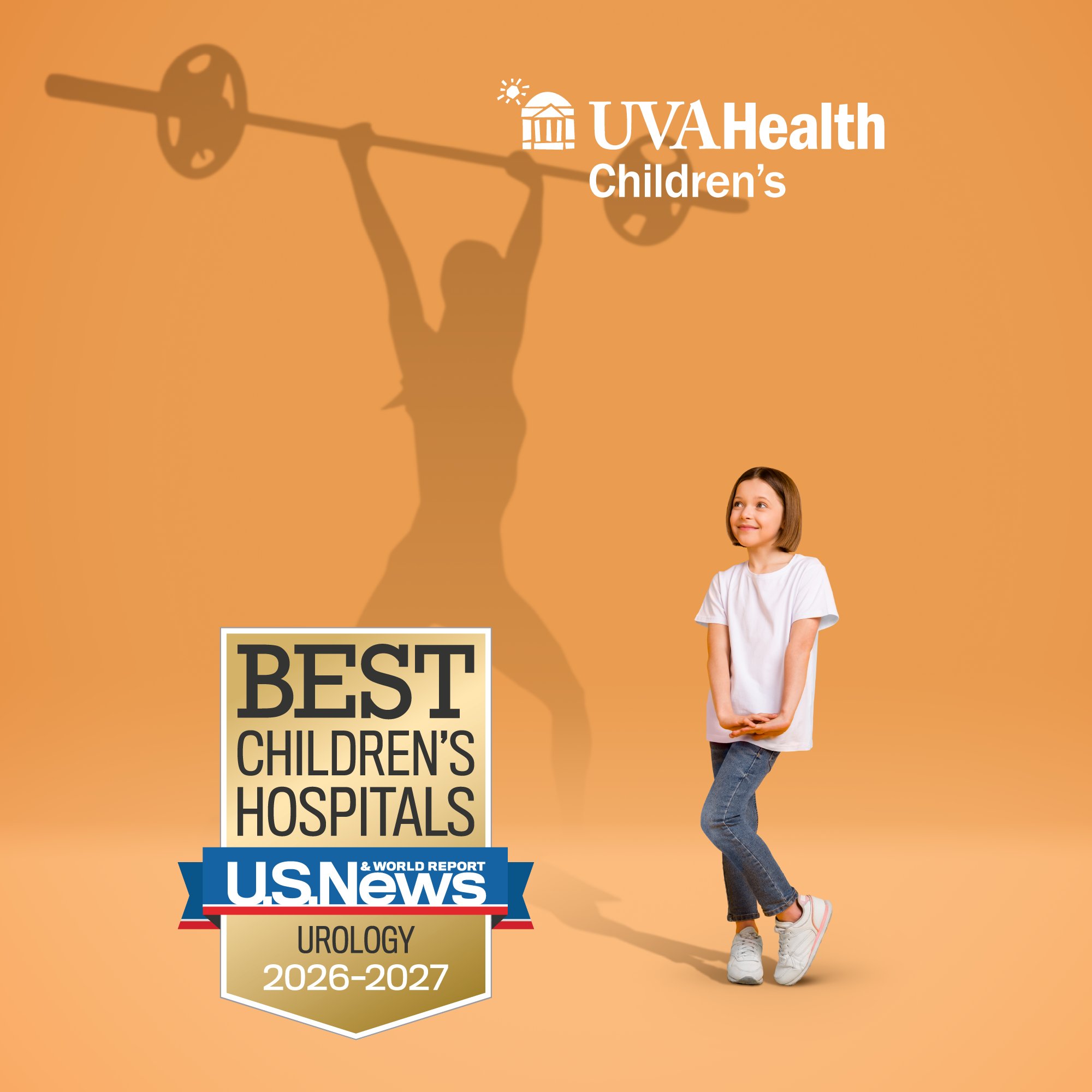 Little girl standing in front of silhouette of weight-lifter