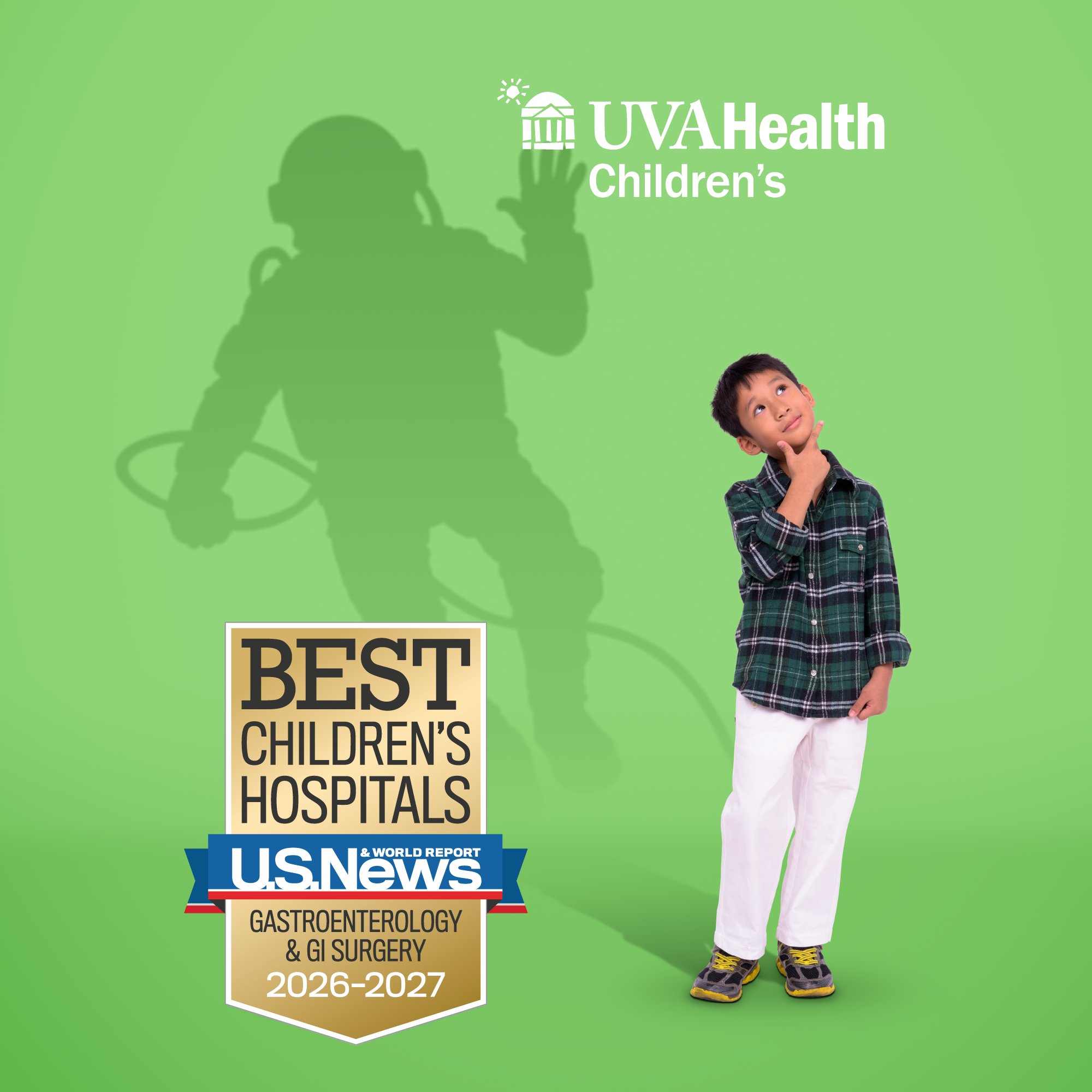 Little boy holds chin contemplatively with silhouette of astronaut behind him 