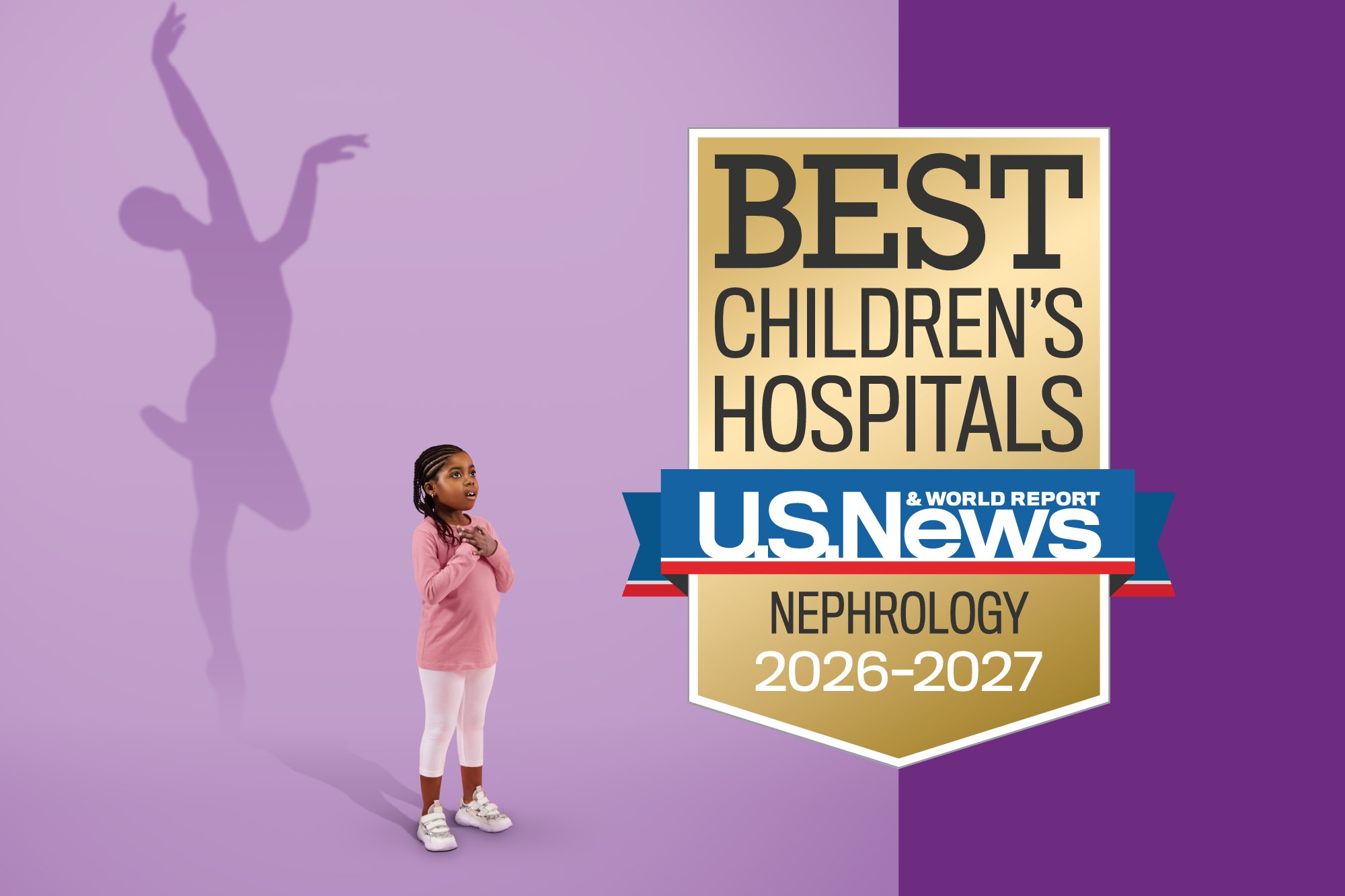 Best Children's Hospitals Badge beside little girl dreaming of her future as a ballerina