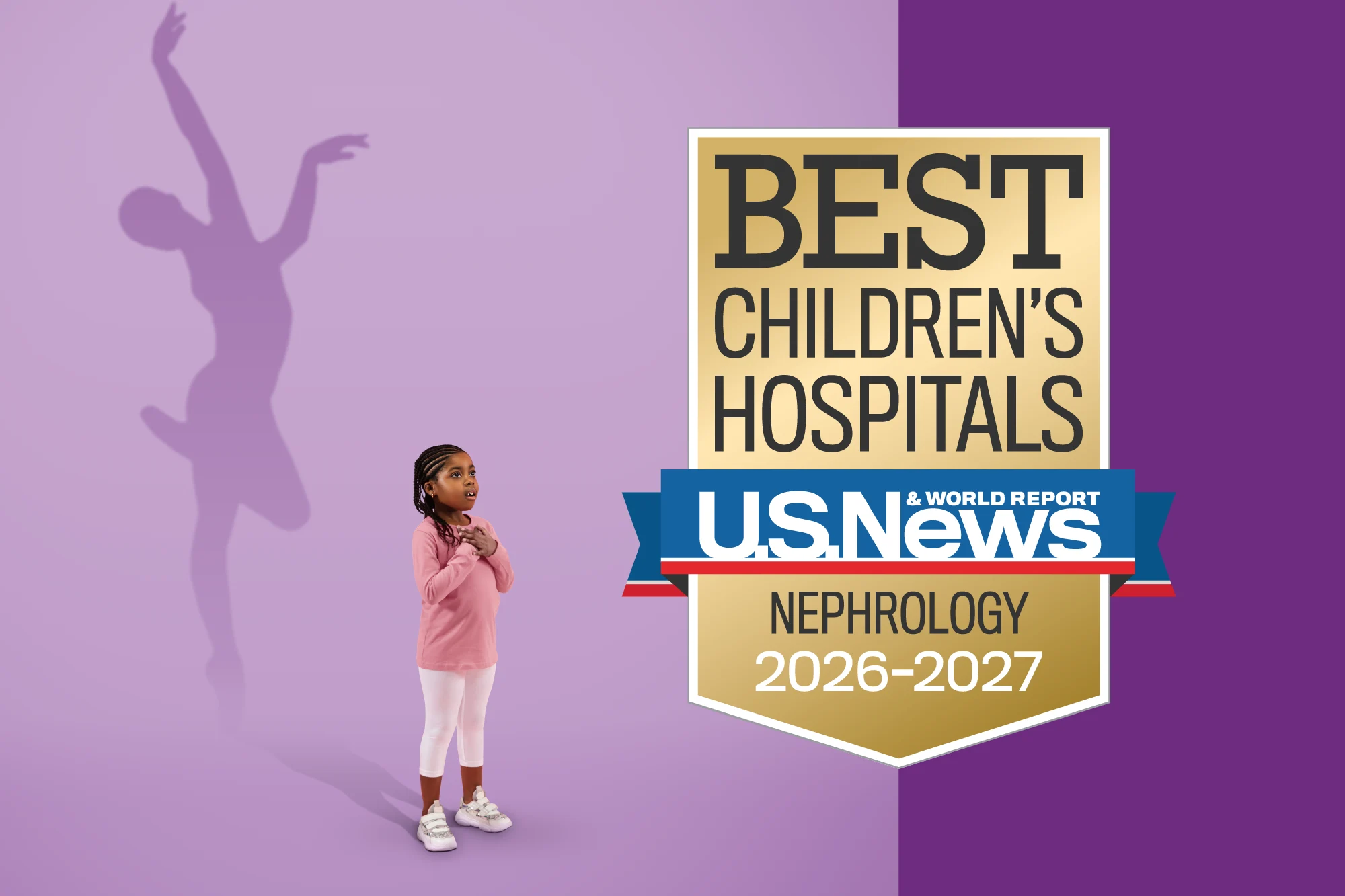 Little girl with ballerina silhouetted on purple background
