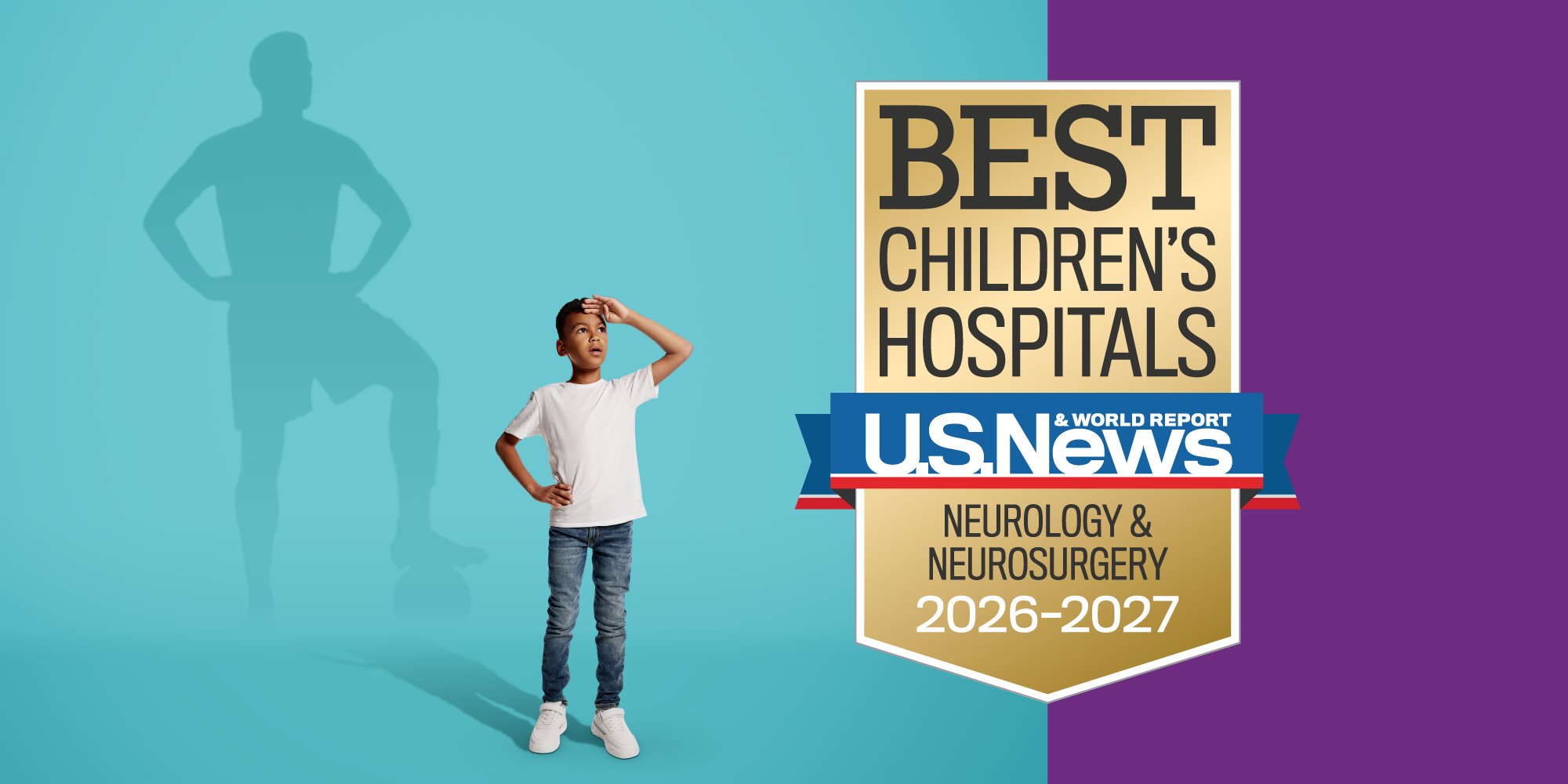 Best Children's Hospitals Neurology badge beside young boy on blue background