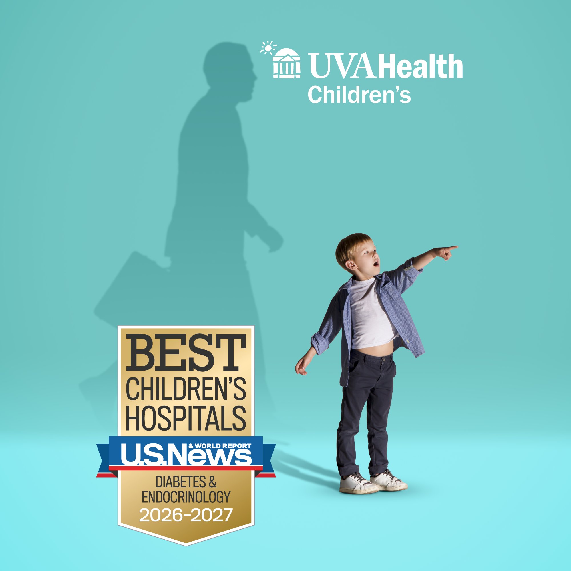 Little boy shouts and points in exclamation while man with briefcase is silhoutted behind