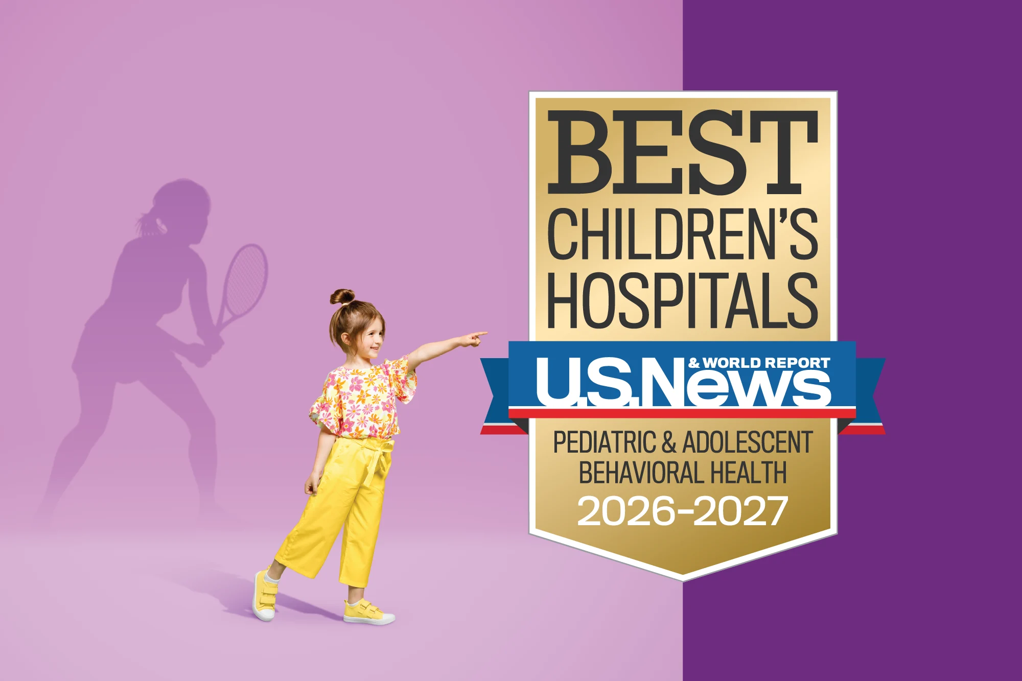Little girl with tennis player silhouetted on purple background
