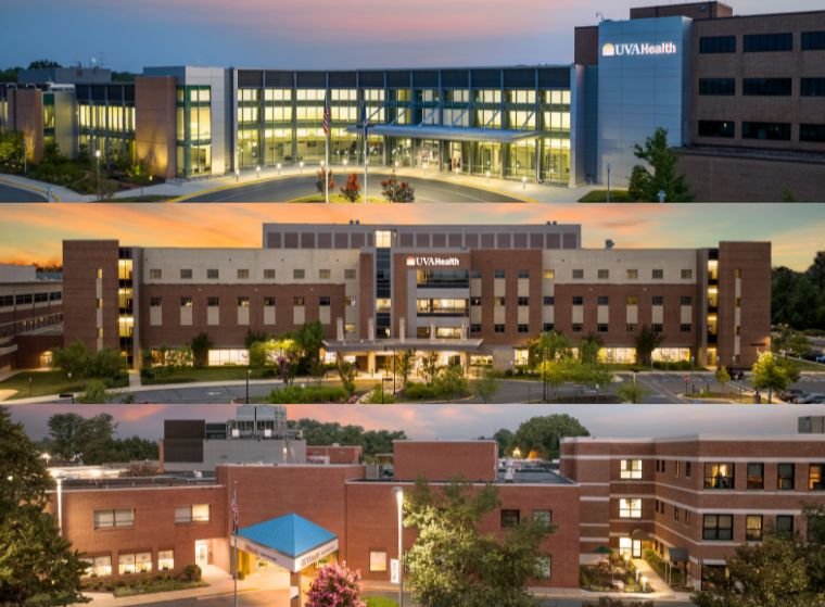 A photo of entrances to UVA Health Culpeper, Haymarket, and Prince William Medical Centers
