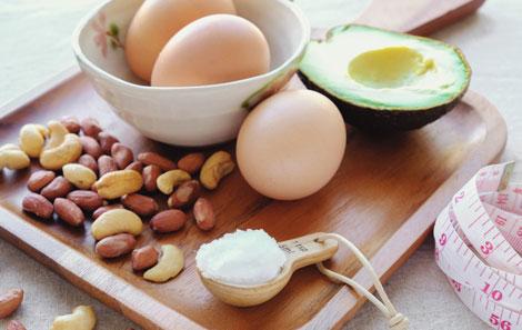 avocado, eggs, and nuts are on a tray