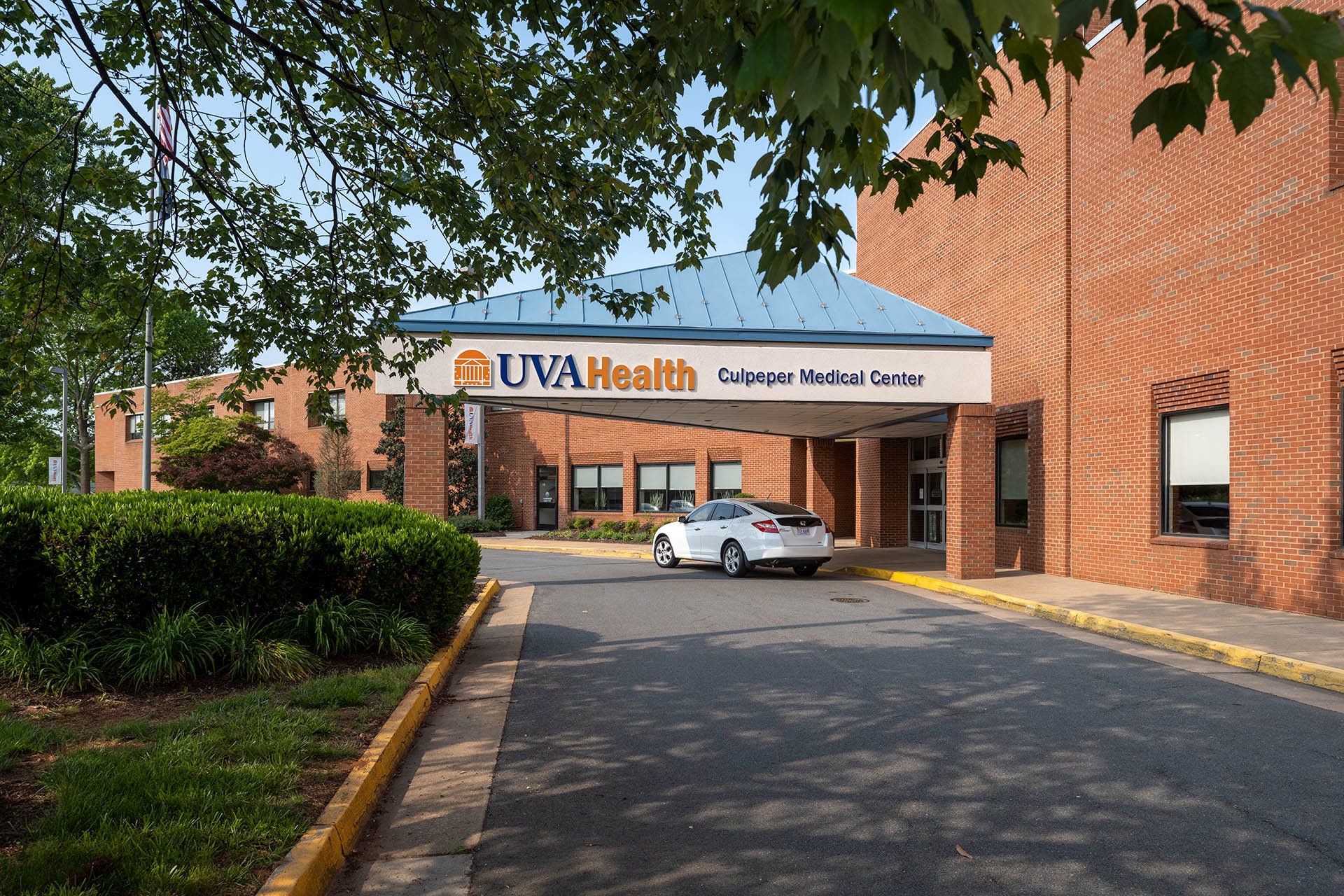 Front entrance of UVA Health Culpeper Medical Center at sunset