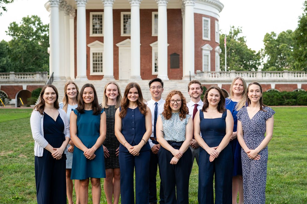 Two rows of current PGY1 students in front of the Rotunda on UVA's grounds