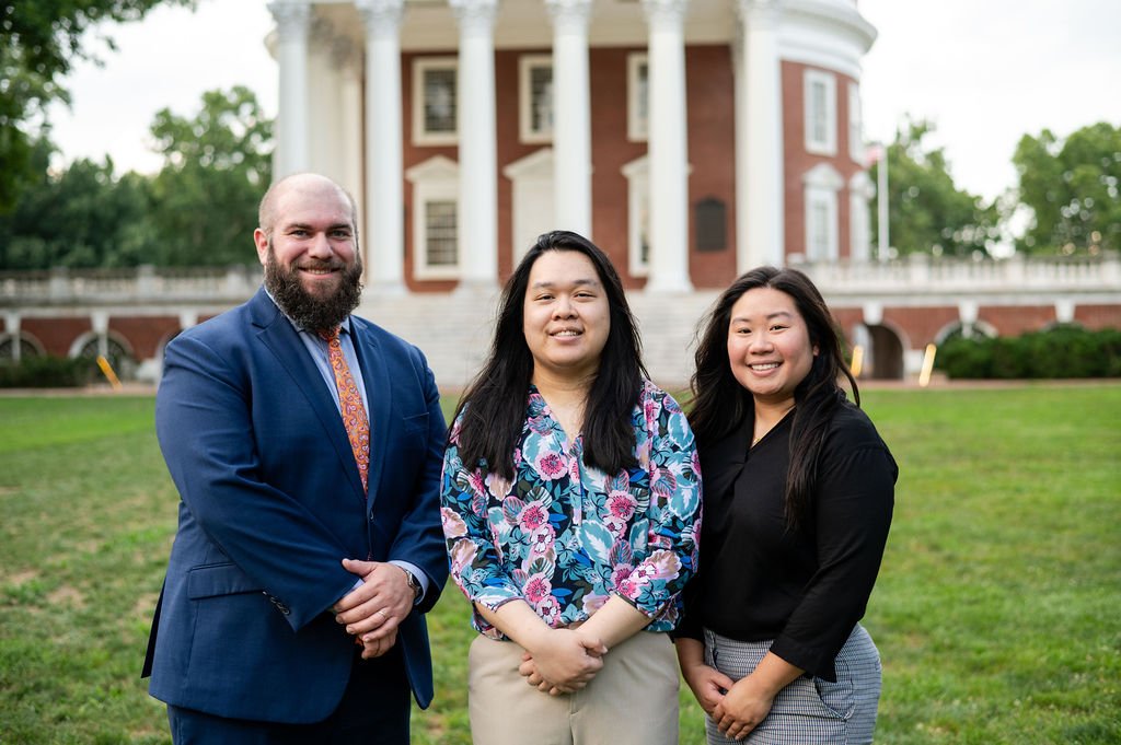 3 PGY2 Pharmacy informatics smile in front of the historic rotunda on UVA grounds