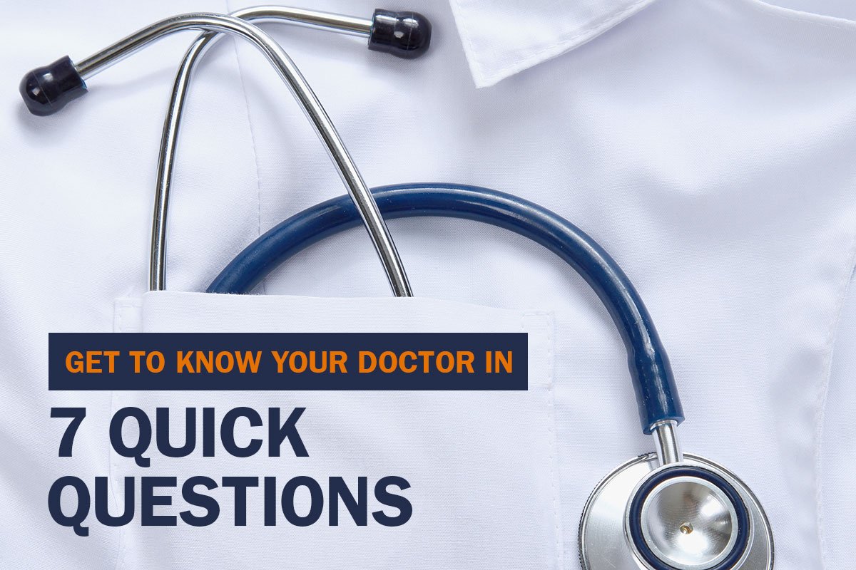 Stethoscope across white lab coat with the text "get to know your doctor in 7 quick questions"