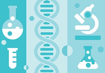 Stylized illustrations show dna, microscopes, and cells