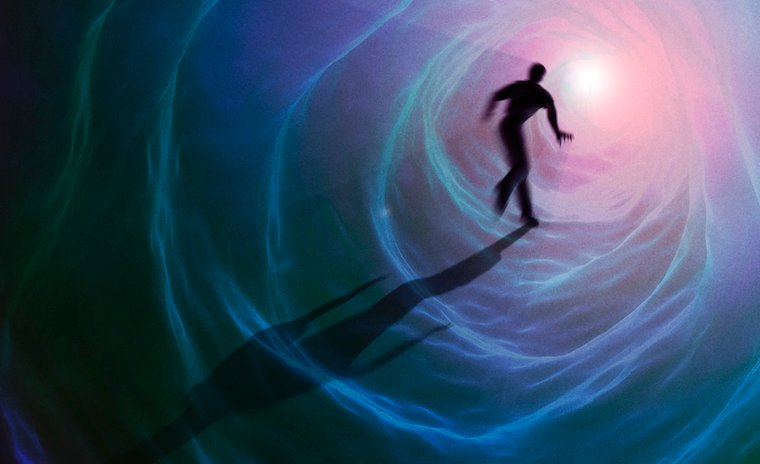 Artist's rendering of a man entering a tunnel of white light