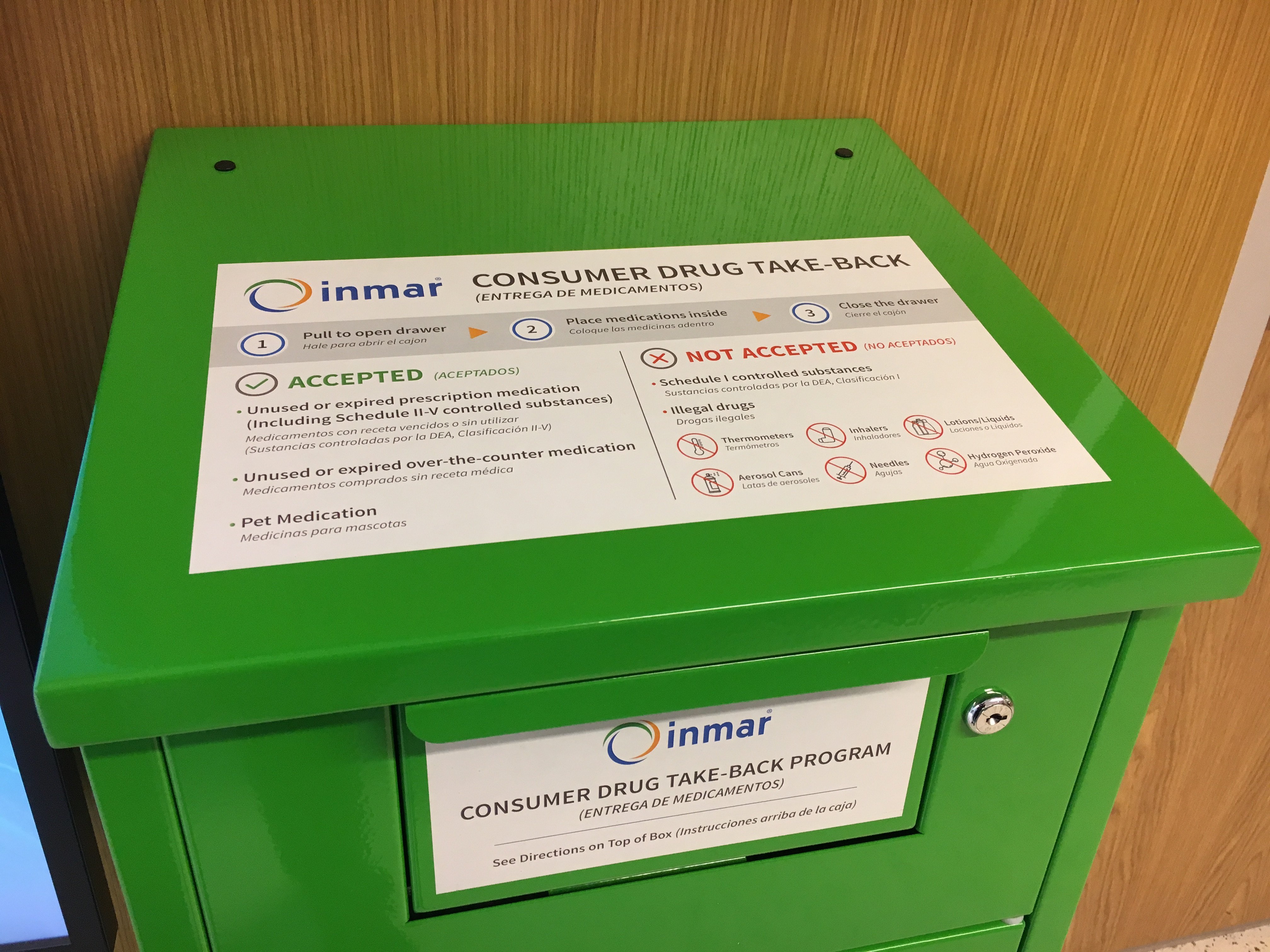 Green drug take-back receptacle
