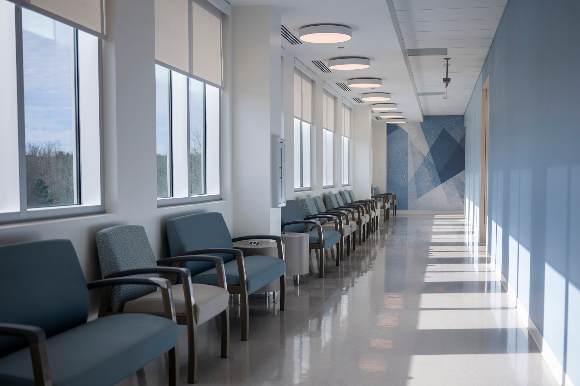 Portrait of the waiting area at the expanded UVA Medical Park Zion Crossroads. 