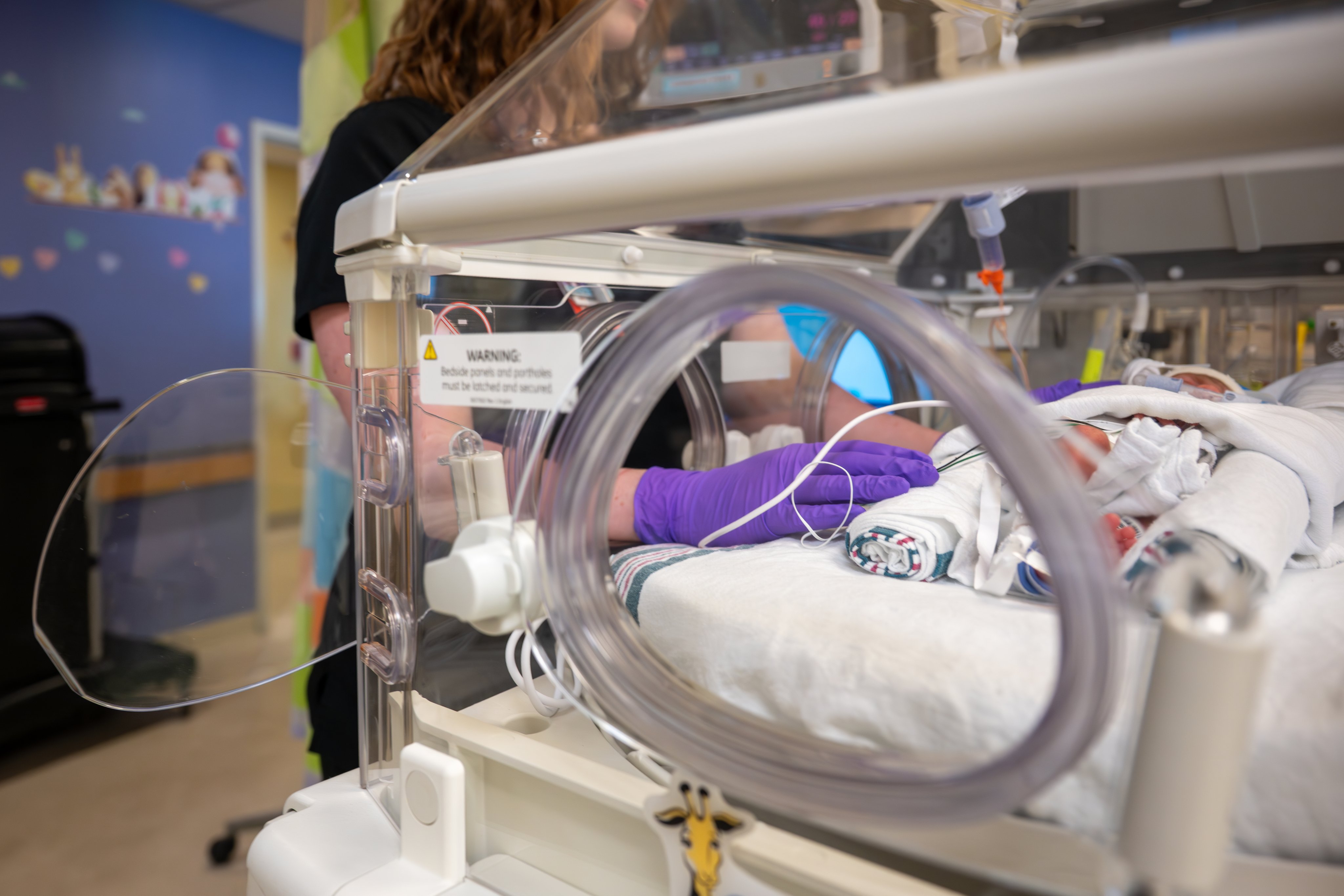 Nurse with purple gloves cares for an infant in an isolette