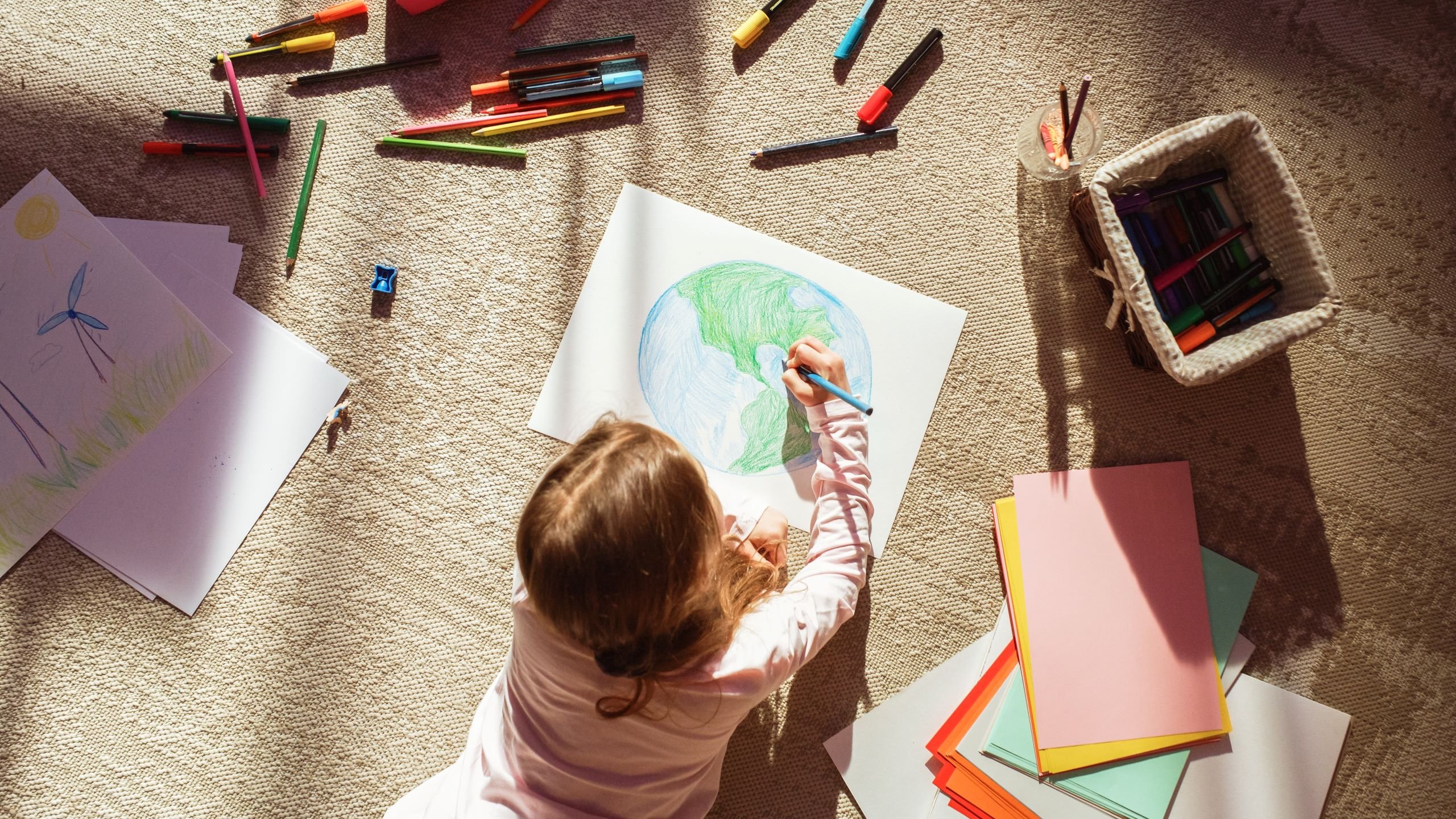 Little Girl Drawing Our Green Planet Earth