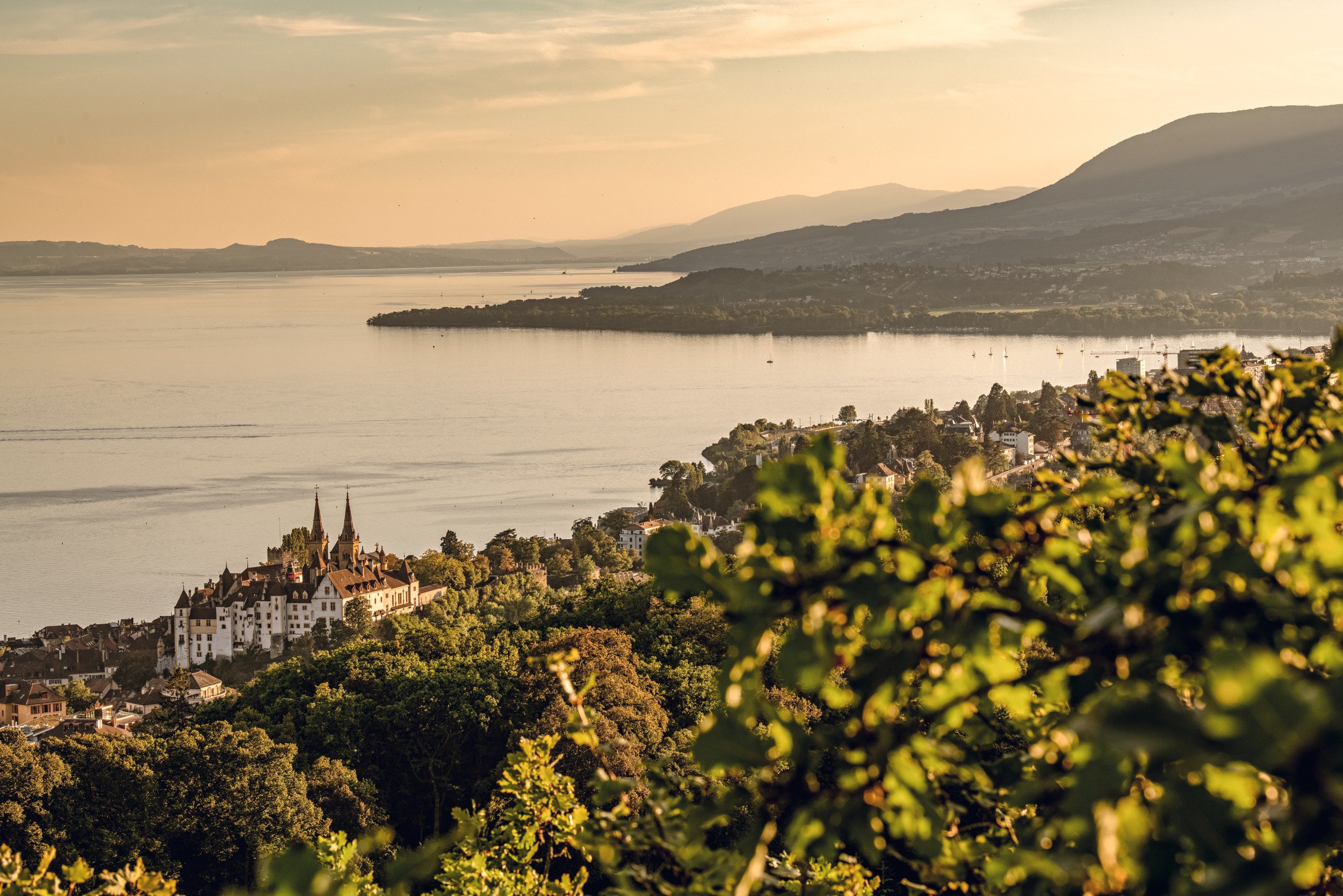 Vista dalle Roches de l'Ermitage sul Vallon de l'Ermitage, Neuchâtel e il lago di Neuchâtel la sera.