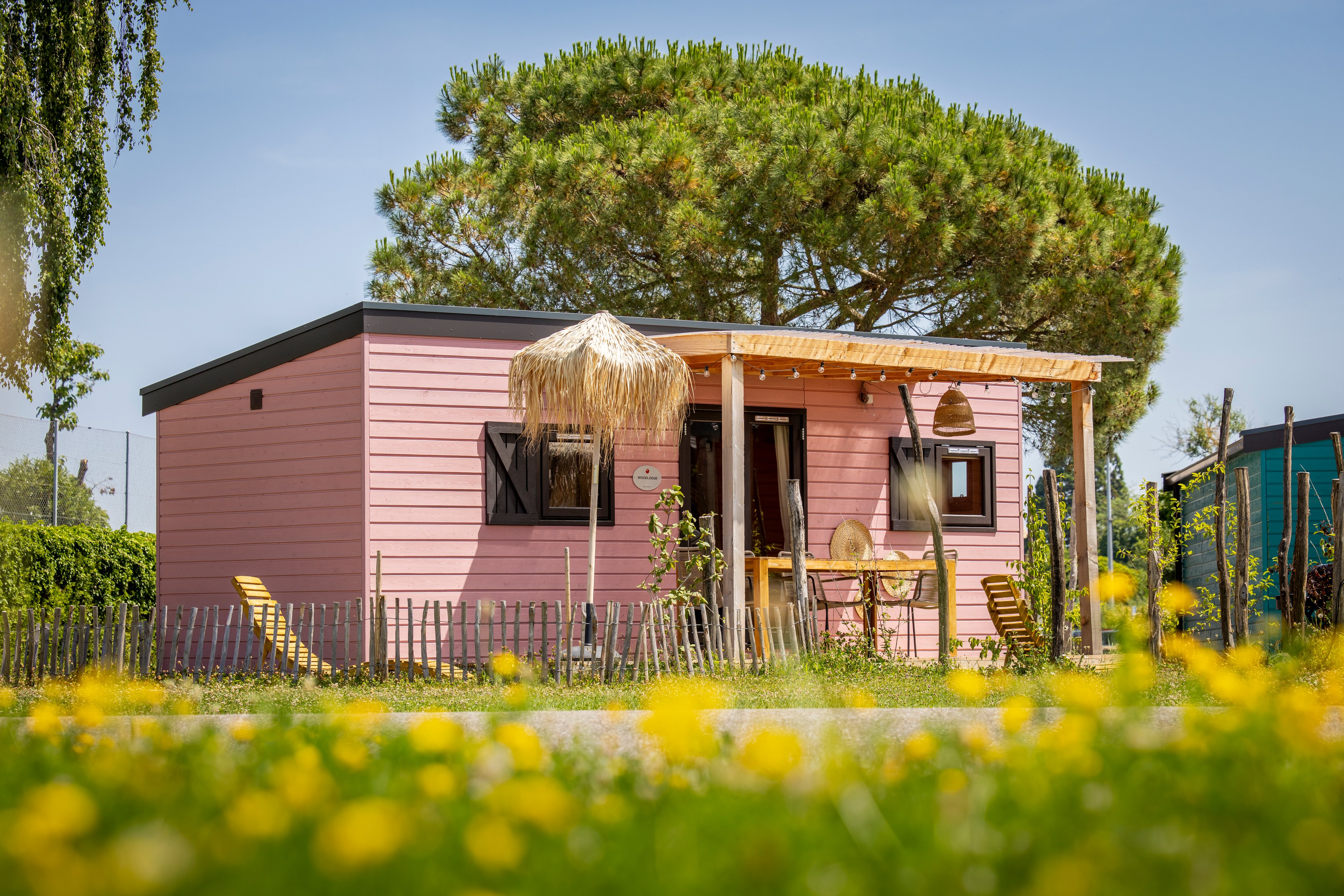 Vue extérieure du logement locatif Woodlodge au camping TCS de Morges.