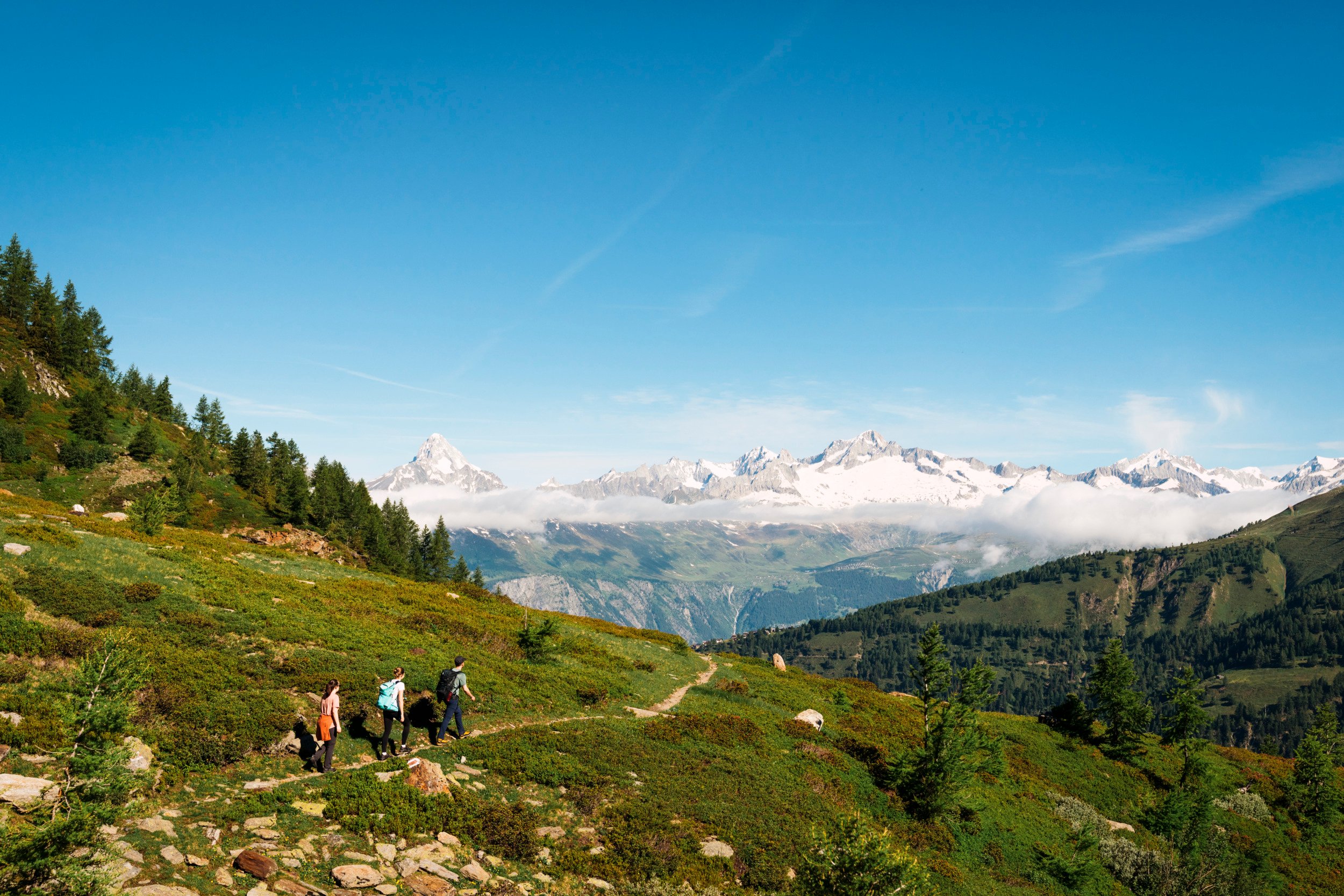 Drei Personen auf der Wanderung zur Bortelhütte im Simplon-Gebiet, Wallis.