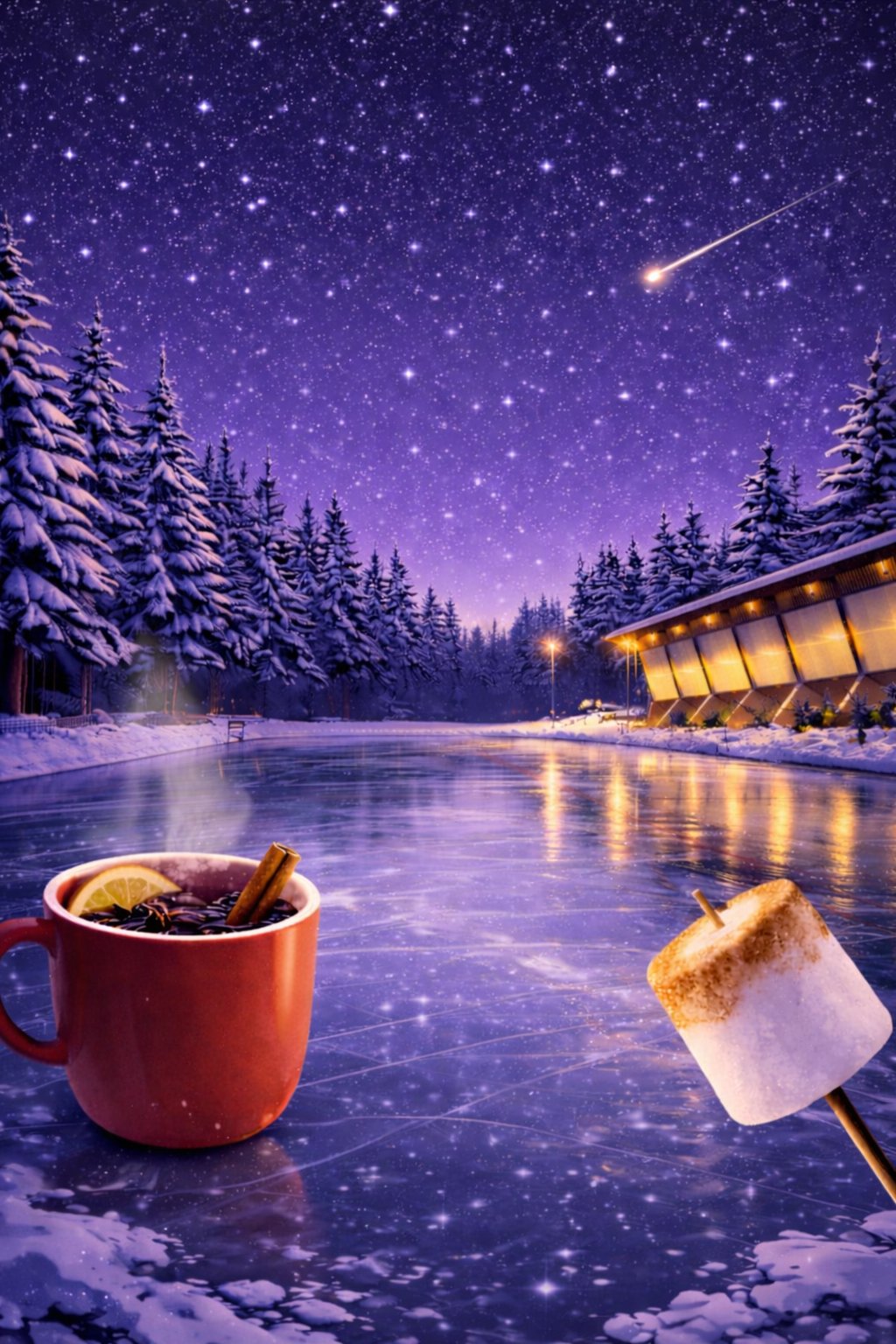 Eine Tasse Glühwein und ein Marshmallow  vor einem Natureisfeld.