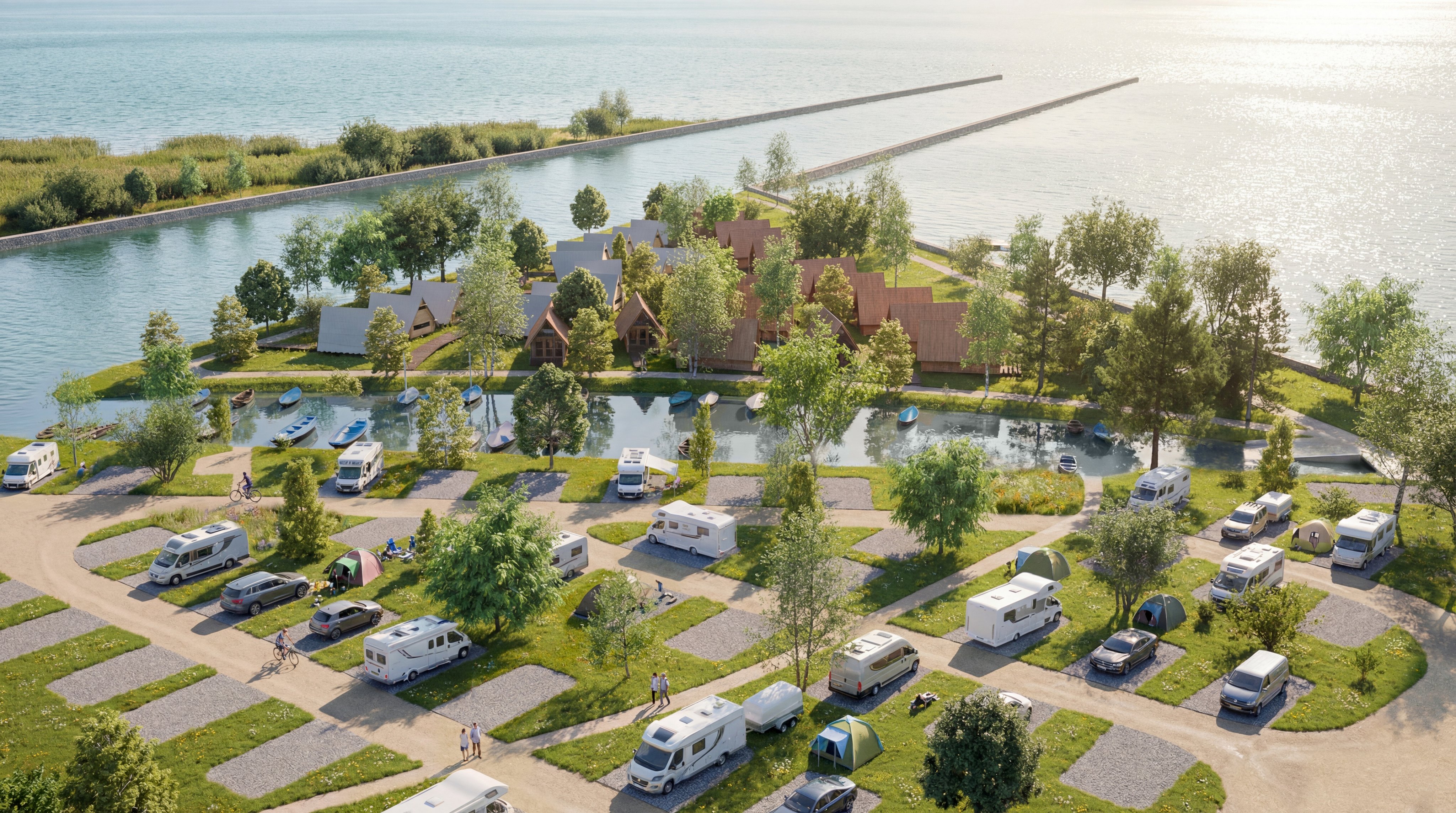 Eine Visualisierung einer Drohnenaufnahme von einem Campingplatz und einem Glampingdorf.