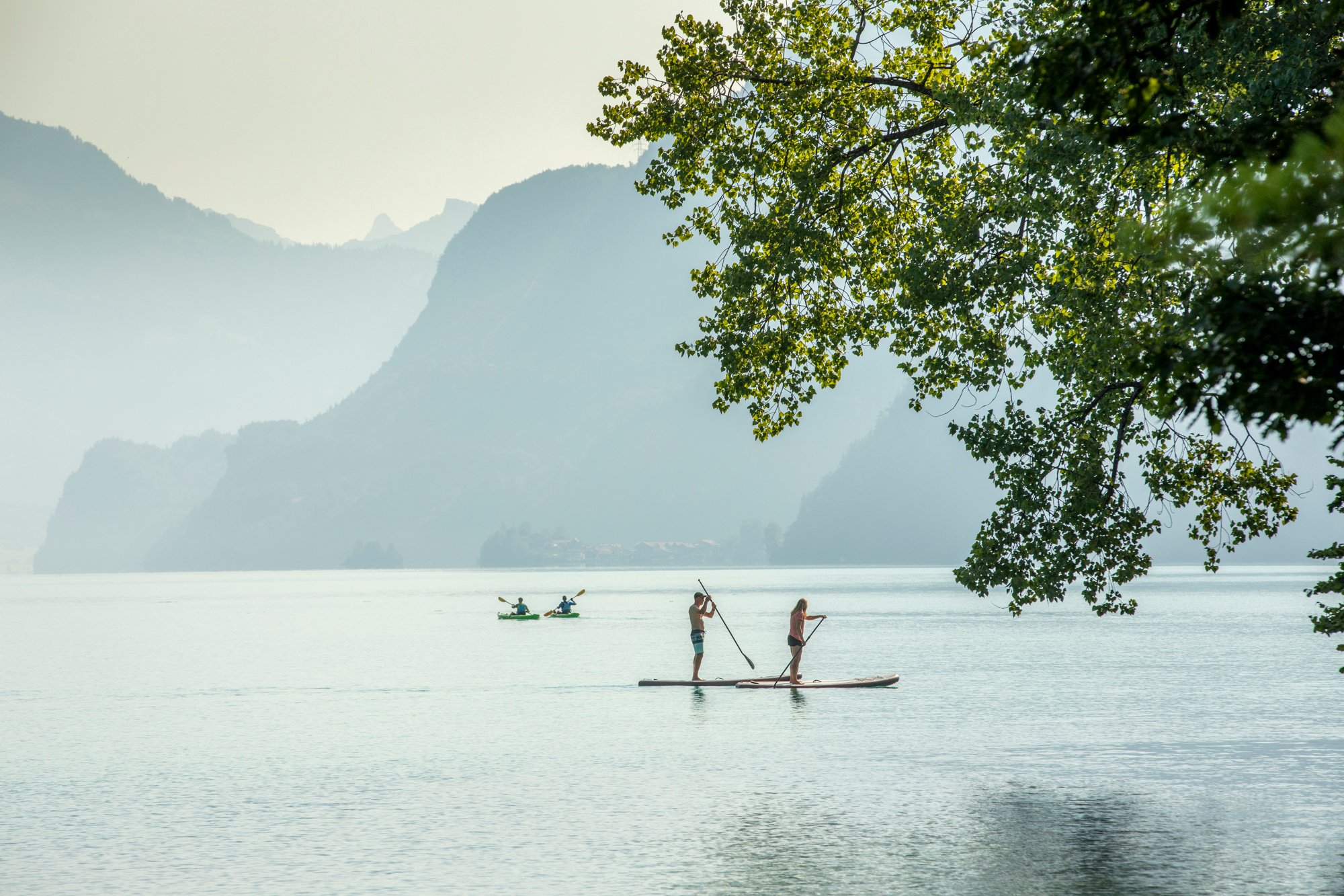 Diversi stand-up paddler sul lago.