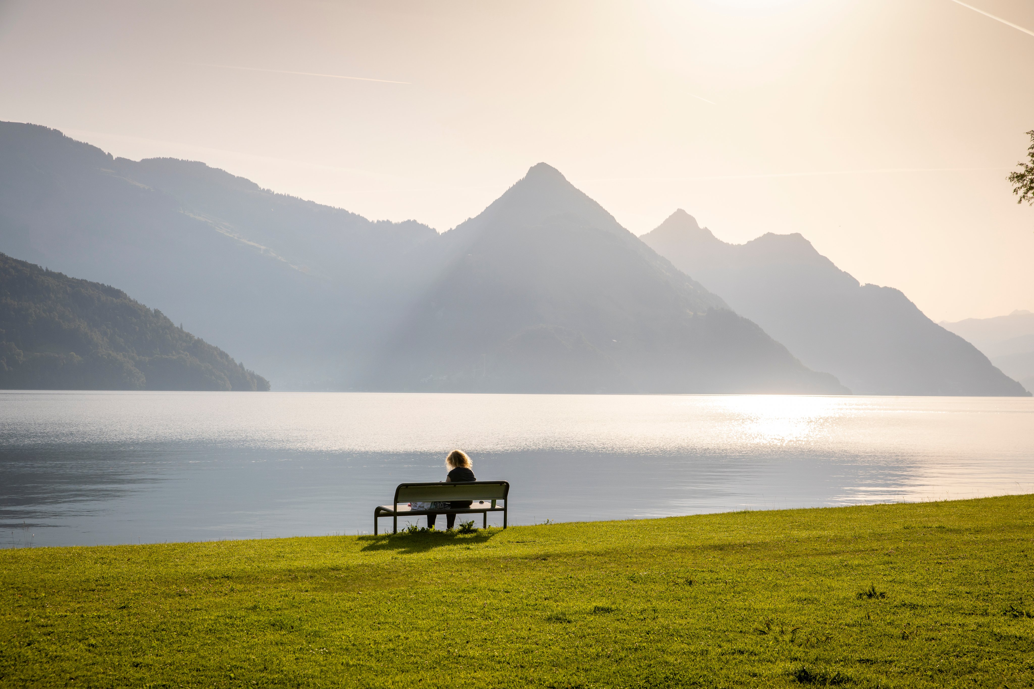 Une femme est assise sur un banc au bord du lac.