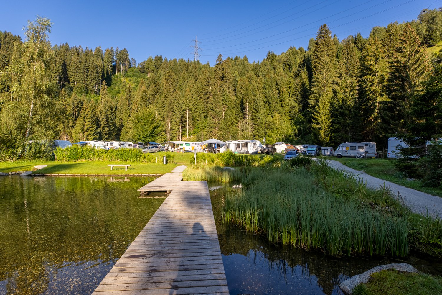 Holzsteg über dem Wasser zu Stellplätzen am Waldrand