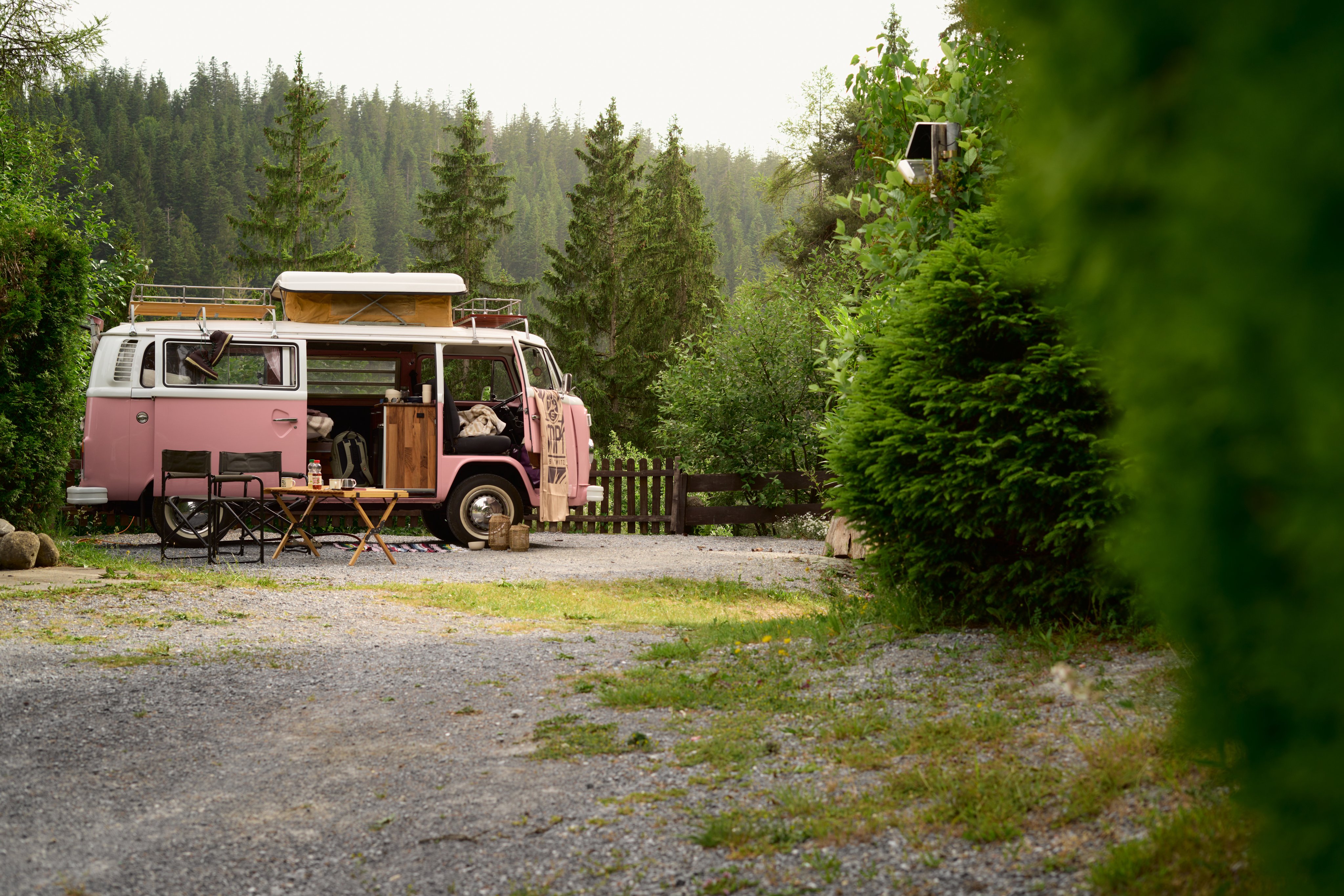 Camper Van am Waldrand des TCS Camping Flims.