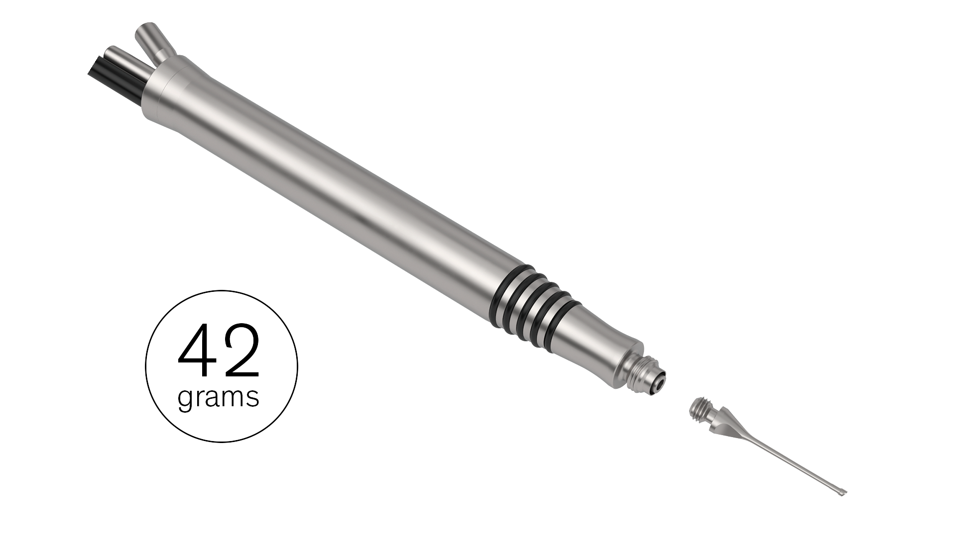 Lightweight ophthalmic surgical handpiece with detachable tip, weighing 42 grams