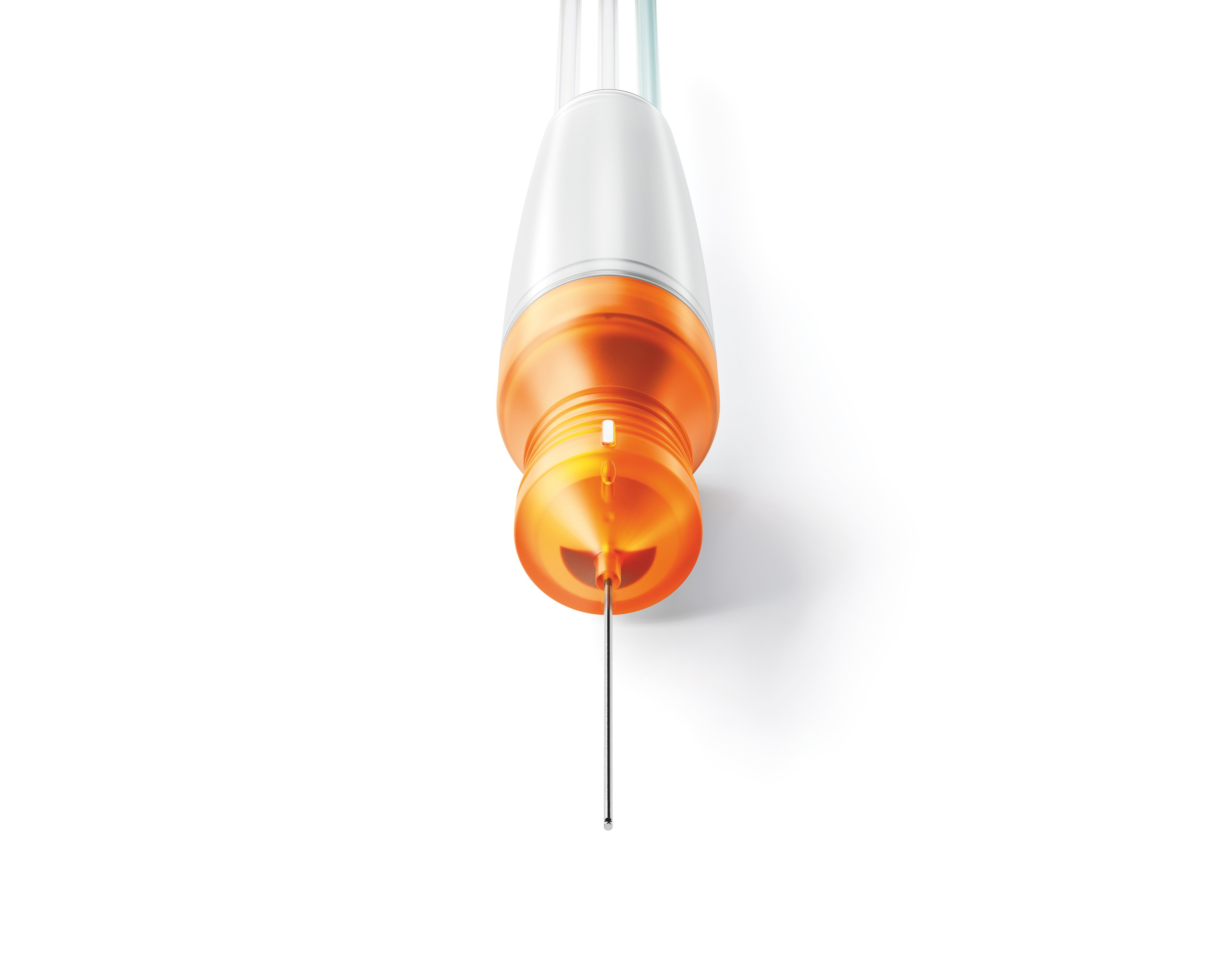 Continuous Flow Cutter 23G tip, front view, showing open port design for continuous aspiration and reduced traction