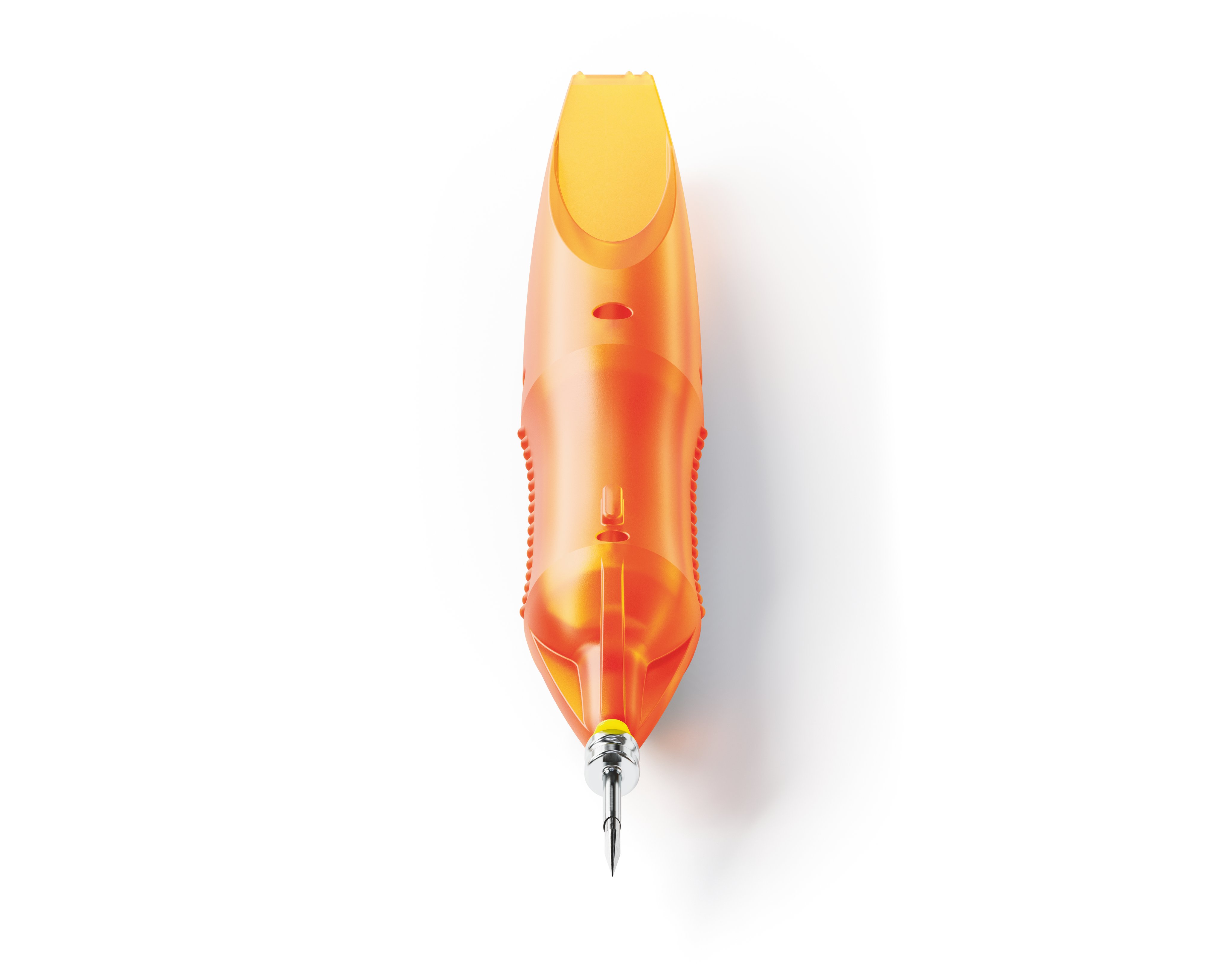 Front view rendering of Caliburn trocar system with integrated incision knife, 23G, showing blade tip and translucent cannula design