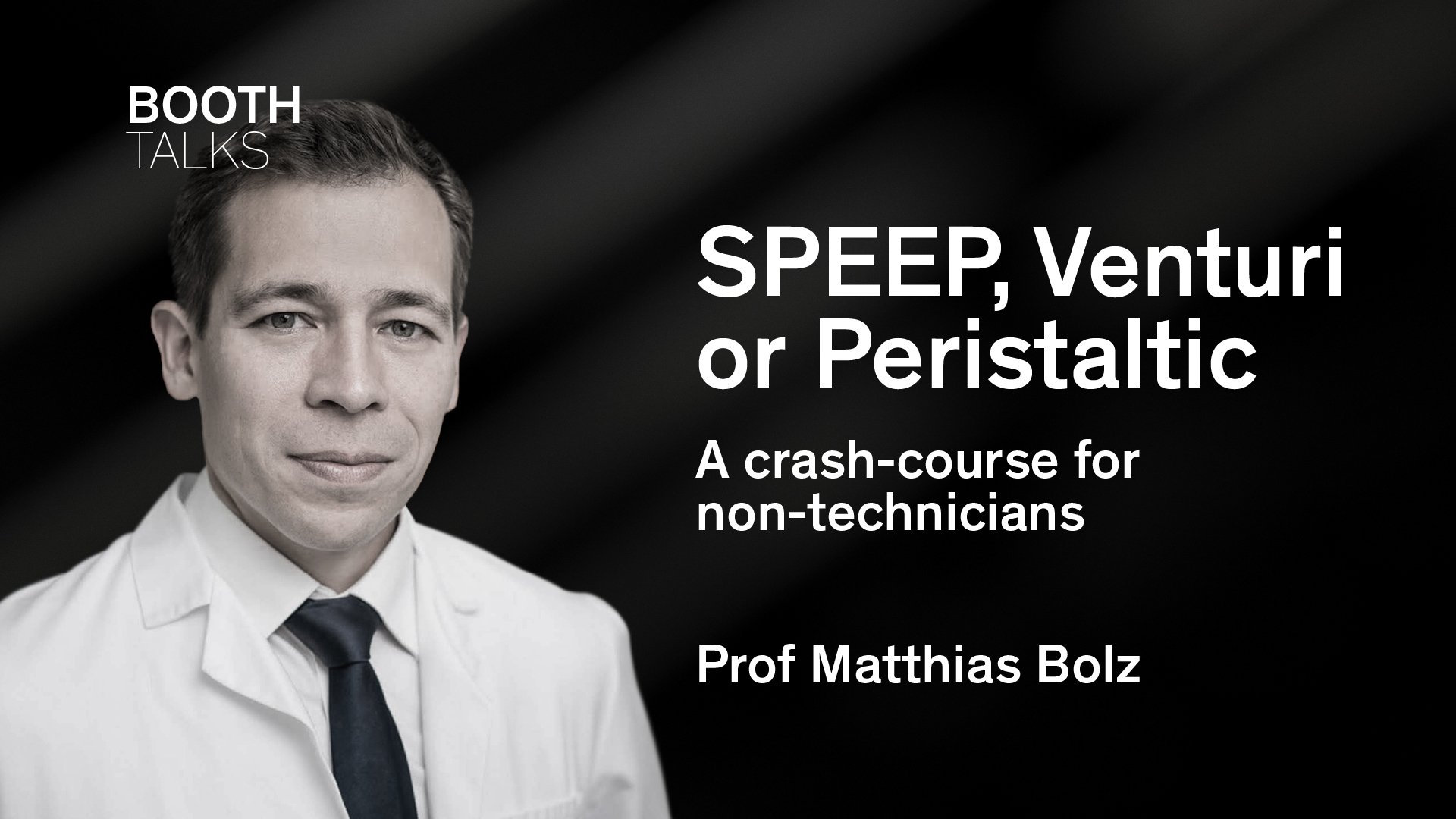 Prof Matthias Bolz presenting SPEEP, Venturi or peristaltic pump systems in a booth talk for non technicians