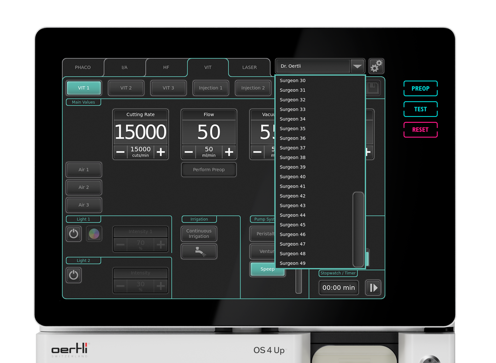 Selecting user profile on a touch display to load personalised surgical settings
