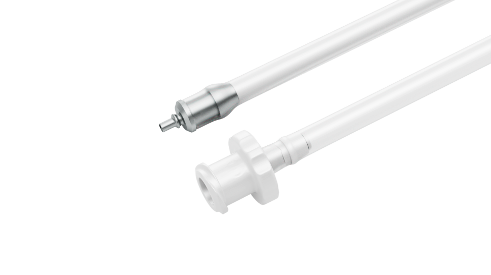 Infusion line with trocar connection detail, close up view, ophthalmic surgical component