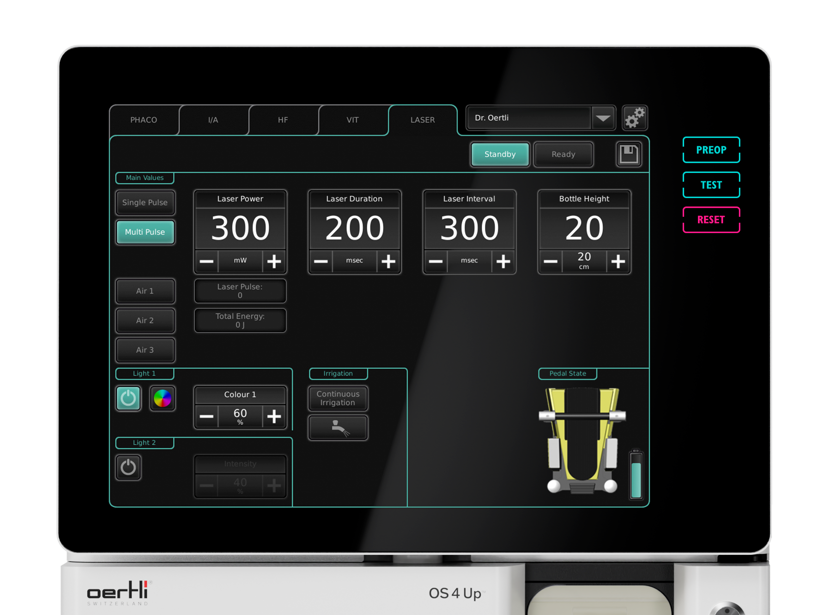 OS 4 Up touchscreen interface, laser module standby, showing settings for laser power, duration, interval and integrated system controls