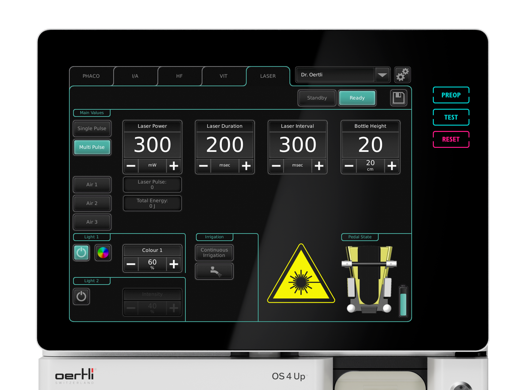 OS 4 Up touchscreen interface, laser module ready, showing settings for laser power, duration, interval and integrated system controls