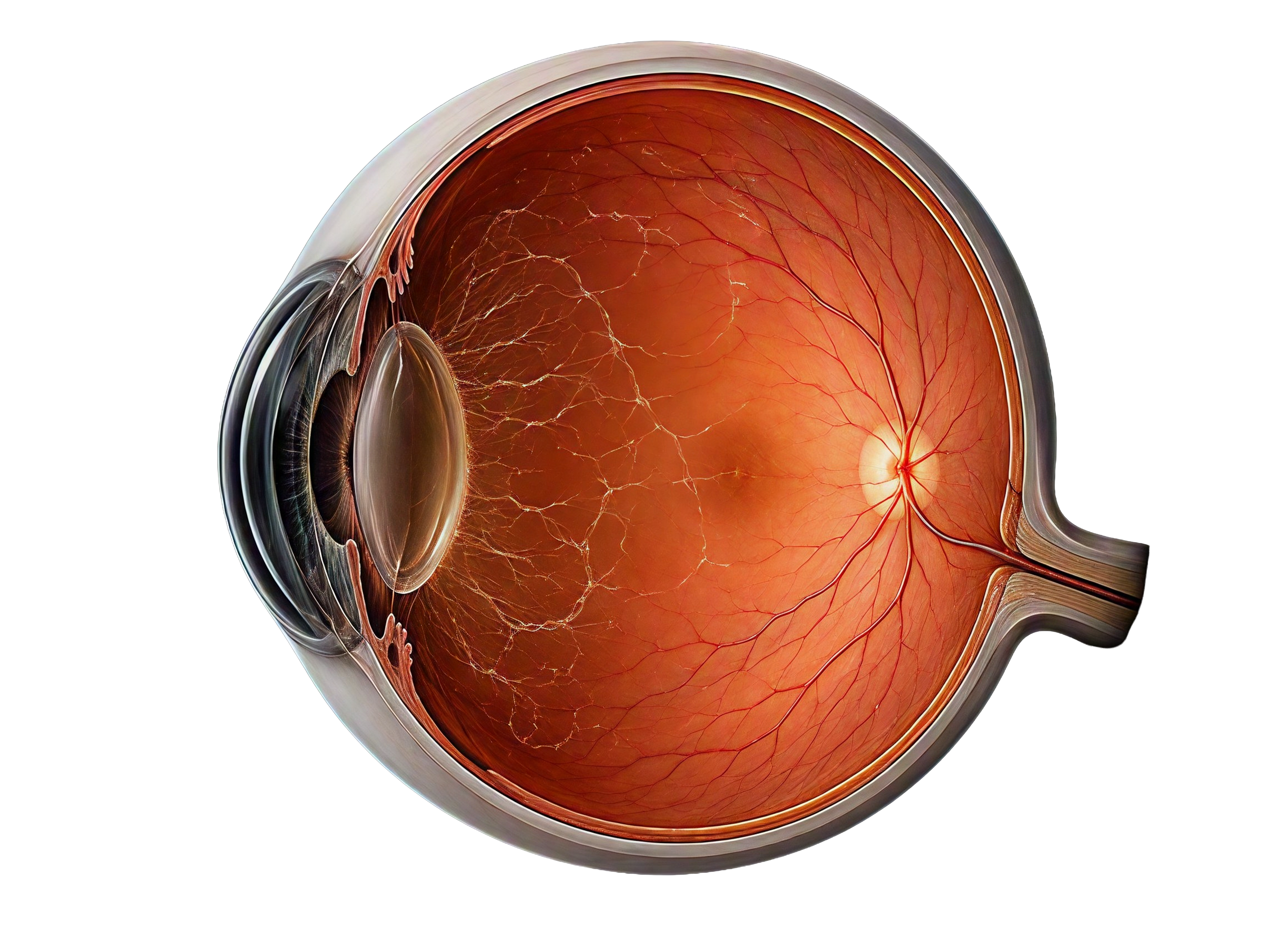 Cross sectional illustration of the human eye showing vitreous structures and retina anatomy