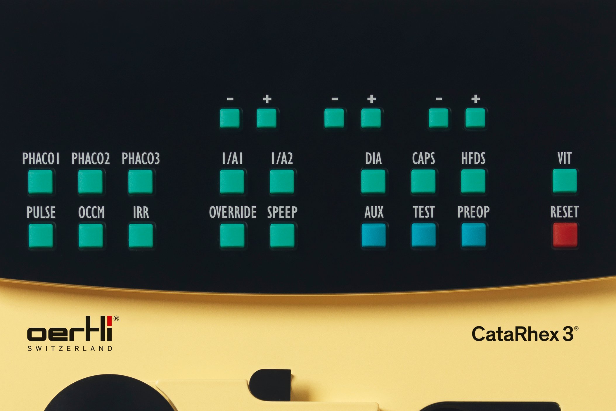 Close-up of the front control panel of the CataRhex 3 with illuminated control buttons and function indicators