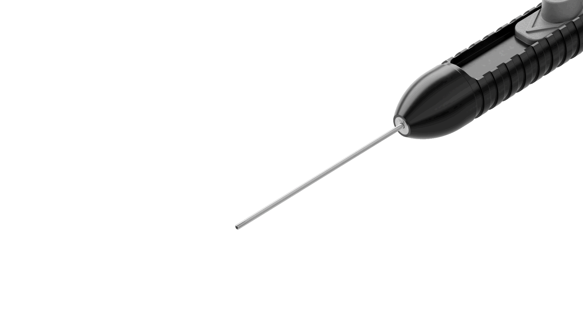 Animated close-up of an extendable illuminated laser probe with curved extendable tip mechanism