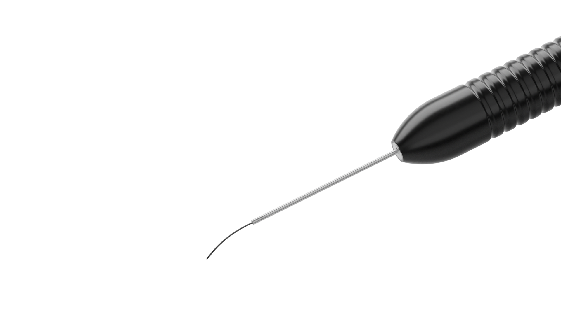 Close-up rendering of a 23G illuminated laser probe with curved flex tip