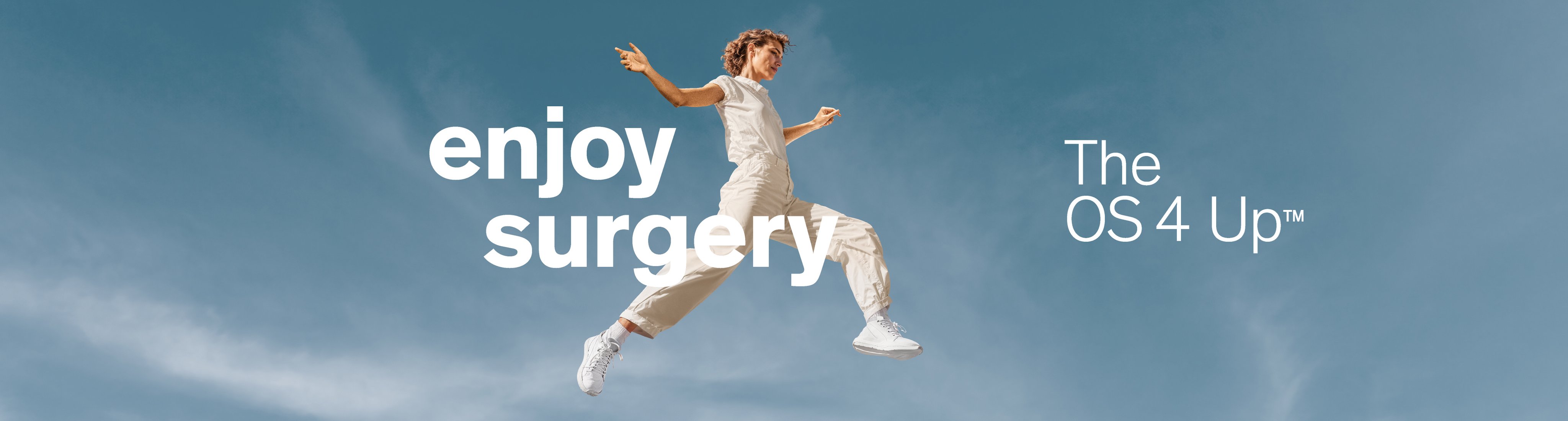 Graphic header showing “enjoy surgery” campaign visual with jumping person and OS 4 Up branding against blue sky
