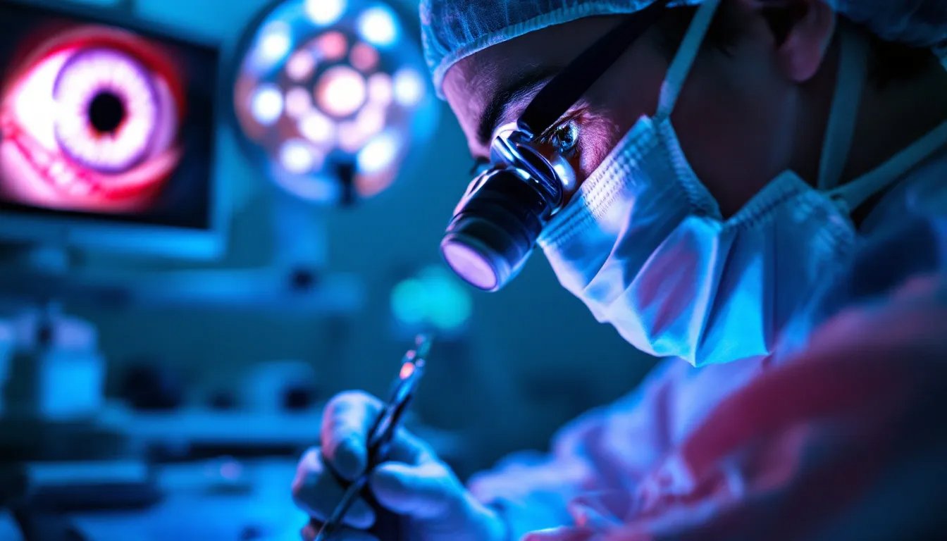 Eye surgeon wearing a mask and magnification loupes while performing microsurgery in an operating room with illuminated ophthalmic equipment in the background.