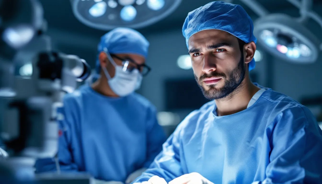 Young eye surgeon in surgical clothing looking towards the camera in an operating room, with another masked surgeon and ophthalmic equipment in the background.