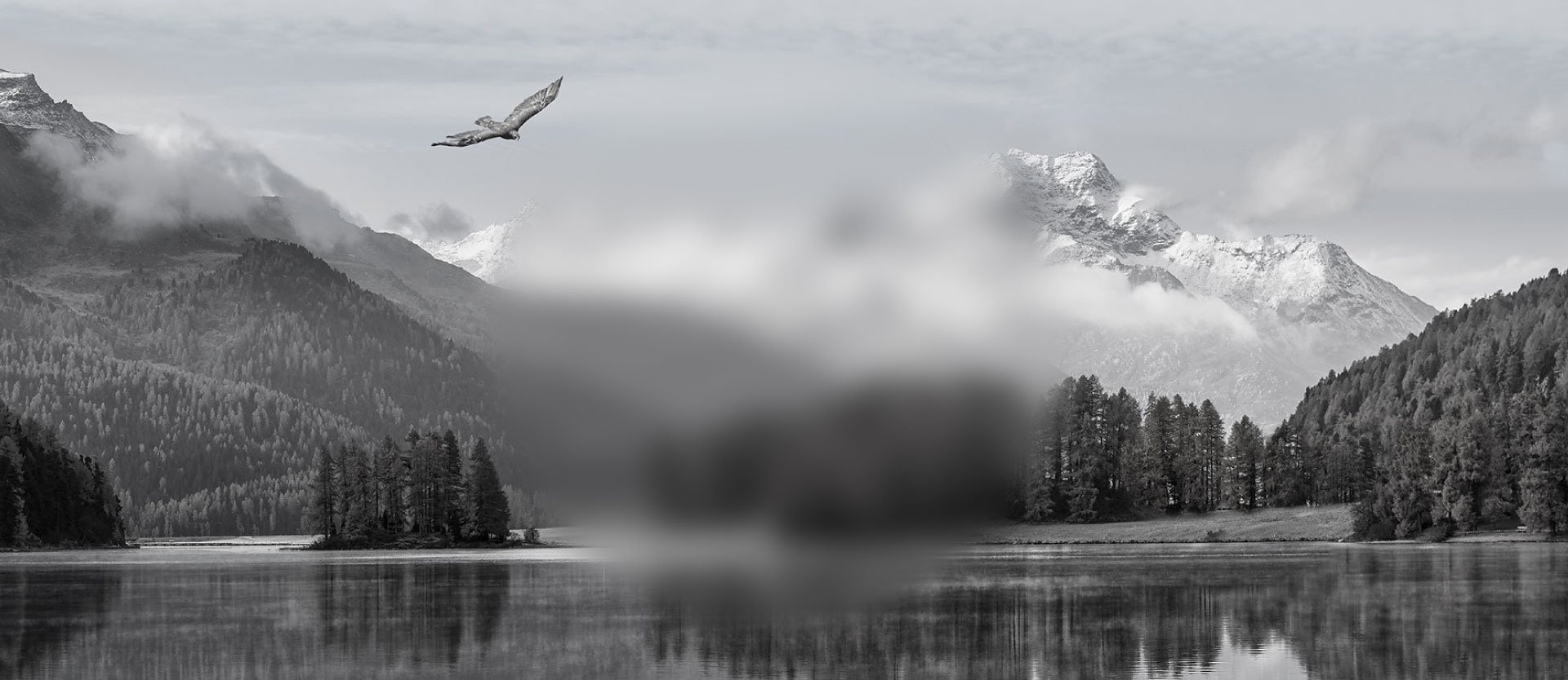 Monochrome alpine landscape with mountains, lake reflections and an eagle flying through cloudy skies above a forested valley.