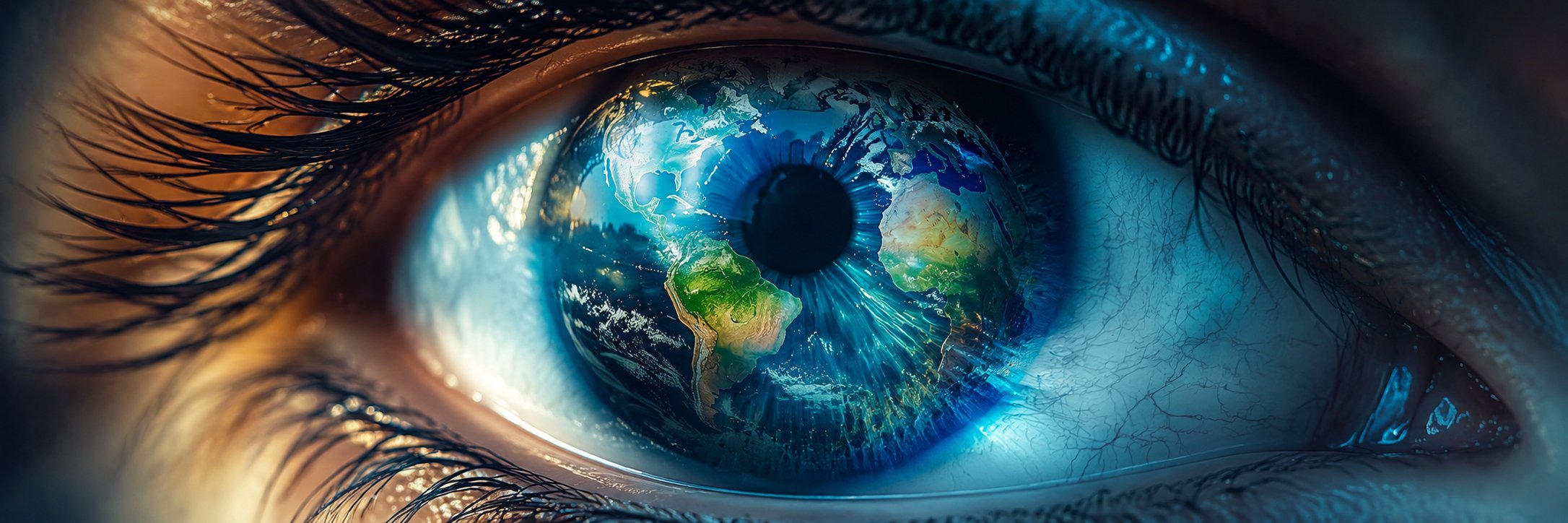 Artistic close up of a human eye with a detailed globe reflected in the iris, representing sustainability and global awareness.